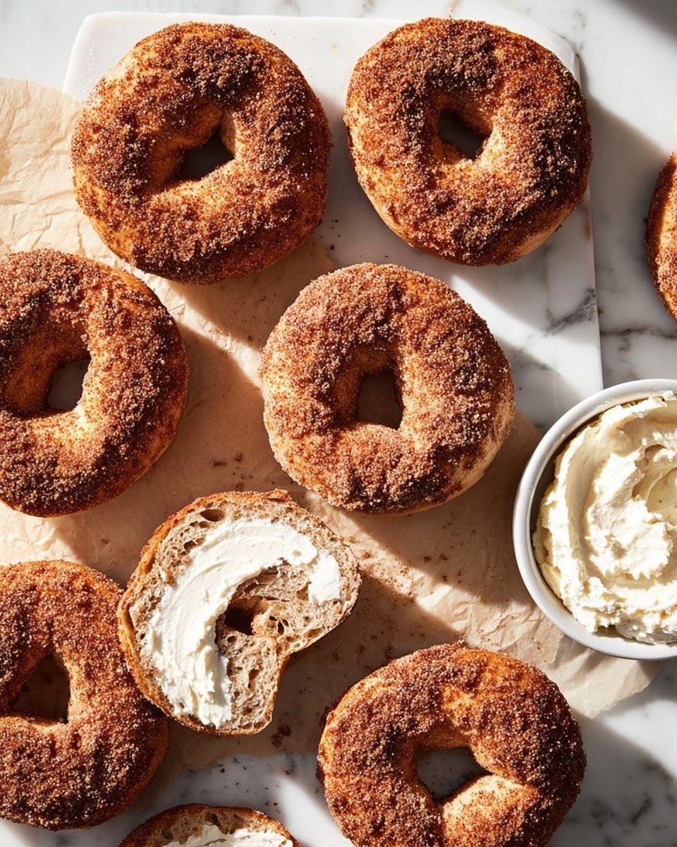 The image shows eight cinnamon bagels with a textured, deep brown cinnamon sugar coating on top, arranged on a white marbled surface with a parchment paper underneath. One bagel is sliced open, showing its soft, light beige inside spread evenly with a thick layer of creamy white cream cheese. The bagels have a slightly rough and crispy exterior with visible granules of sugar. There is a white bowl filled with cream cheese on the lower right side. The whole scene has bright natural light coming from the top left corner, creating gentle shadows and highlighting the textures. Photo taken with an iphone --ar 4:5 --v 7