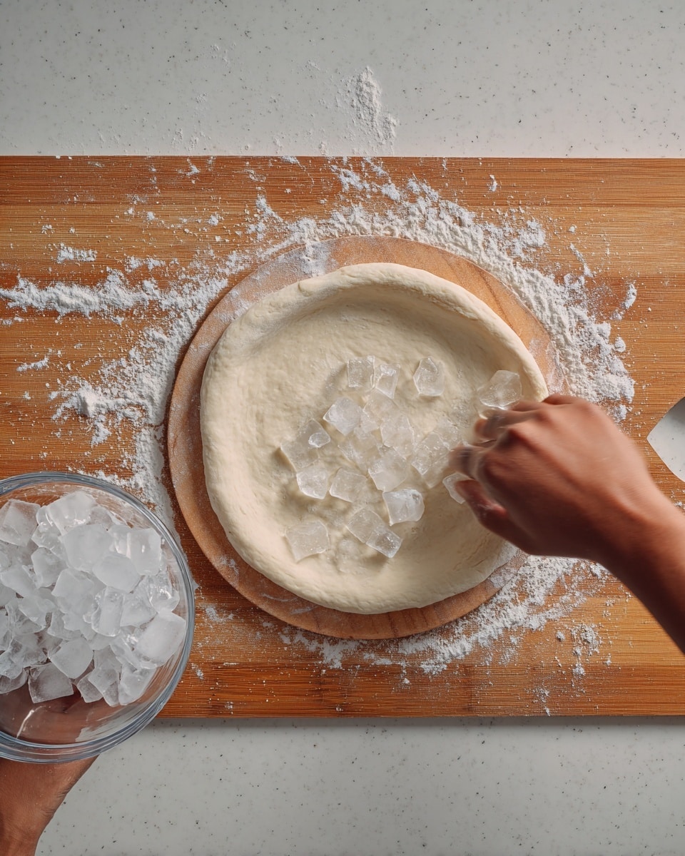 A close-up view shows a pizza dough on a pizza peel with white flour scattered around the edges; the dough is light beige with a smooth texture and a slightly raised rim. One arm is placing small transparent ice cubes evenly on top of the dough, while the other woman's hand holds a clear glass bowl filled with more ice cubes. The surface beneath the wooden cutting board has a white marbled texture. photo taken with an iphone --ar 4:5 --v 7