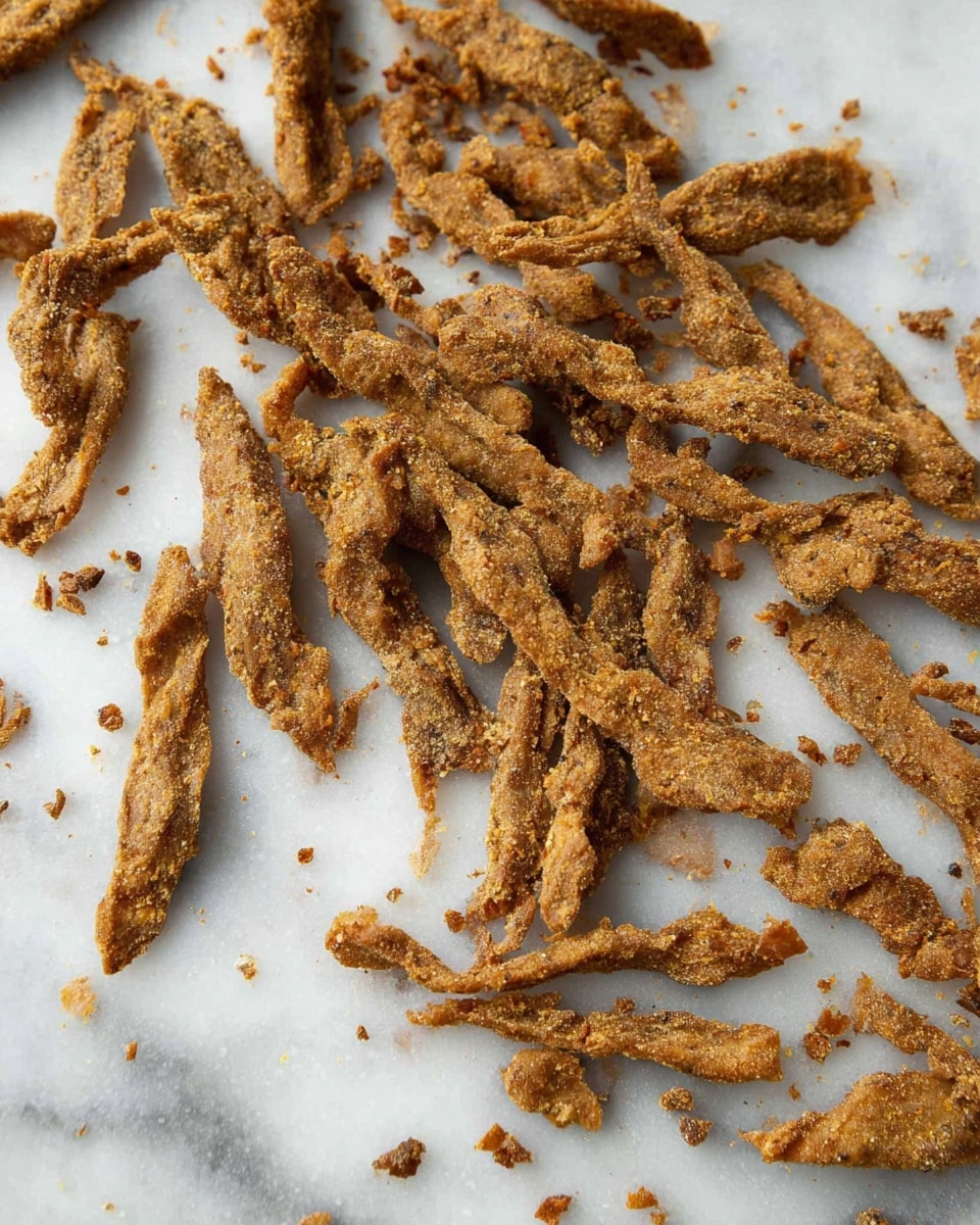The image shows many pieces of textured brown meat-like strips scattered unevenly on a white marbled flat surface. The pieces vary in size and length, with rough, slightly crispy edges and a fibrous texture visible on each strip. Small crumbs and fragments are scattered around the strips, adding to the overall irregular look. The colors range from light brown to darker spots, indicating a well-seasoned and cooked appearance. photo taken with an iphone --ar 4:5 --v 7