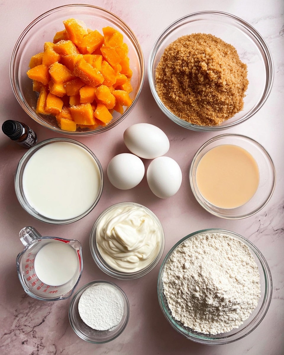 The image shows nine glass bowls and containers arranged on a white marbled surface. The largest bowl at the top left holds bright orange, diced fruit pieces with slightly browned edges. To its right, a medium bowl is filled with brown sugar that looks soft and crumbly. Below them, in the center, a smaller bowl contains smooth white cream, while next to it, on the right, a small bowl holds a light brown frothy liquid. There are two white eggs placed in the middle. At the bottom left, a measuring cup holds cream with a light beige color. Next to it is a small bowl filled with white granulated sugar, and below everything is a glass bowl filled with pale flour. Also near the bottom left corner is a small dark bottle with a dropper. A woman’s hand is not shown touching the items. Photo taken with an iphone --ar 4:5 --v 7