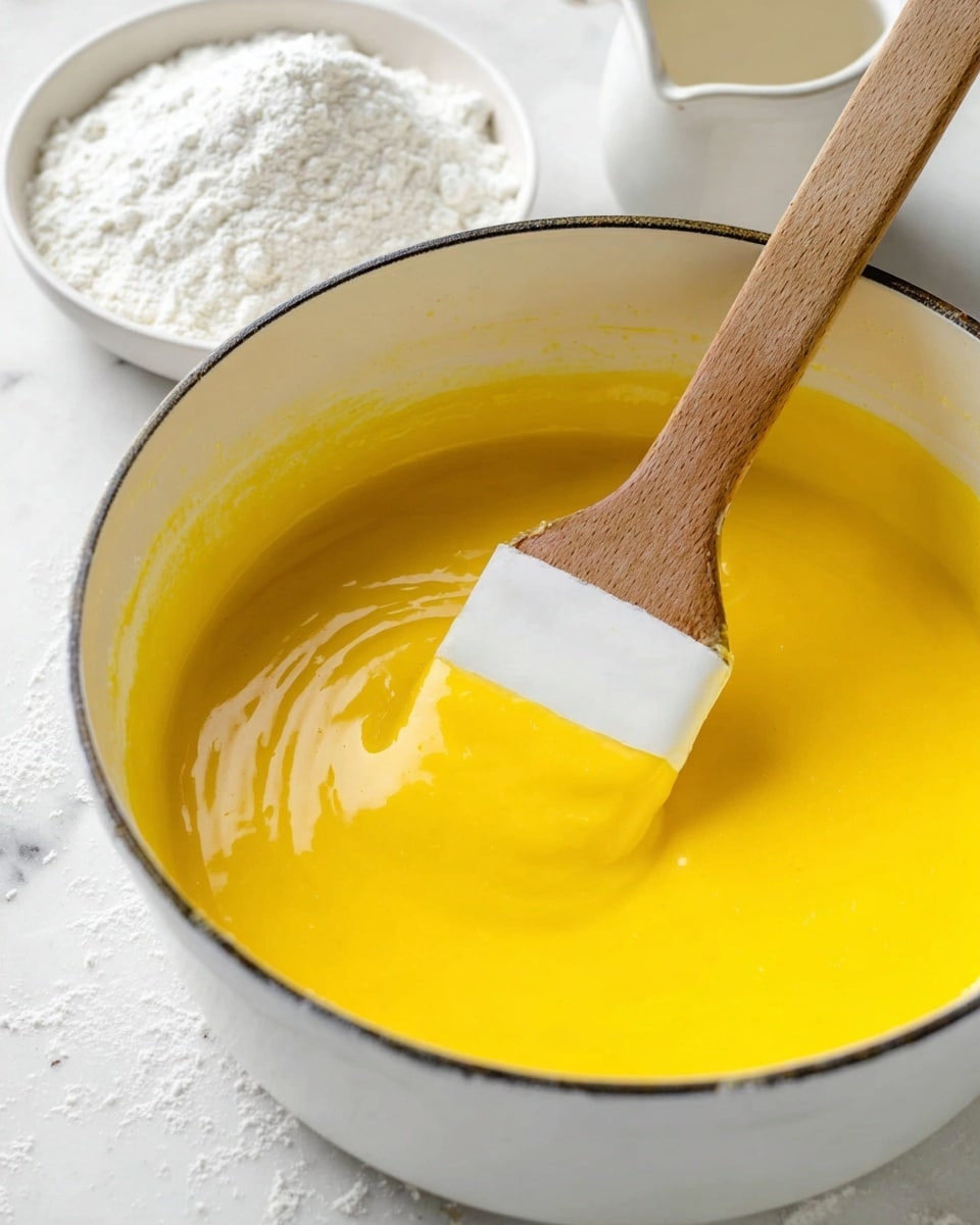 A close-up view of a white pot filled with one smooth, thick layer of bright yellow sauce or custard, with a wooden spatula that has a white silicone tip partially dipped into the mixture, the silicone tip coated with the yellow sauce. In the background, there is a white bowl containing white powder and a white cup, all placed on a white marbled surface. Photo taken with an iphone --ar 4:5 --v 7
