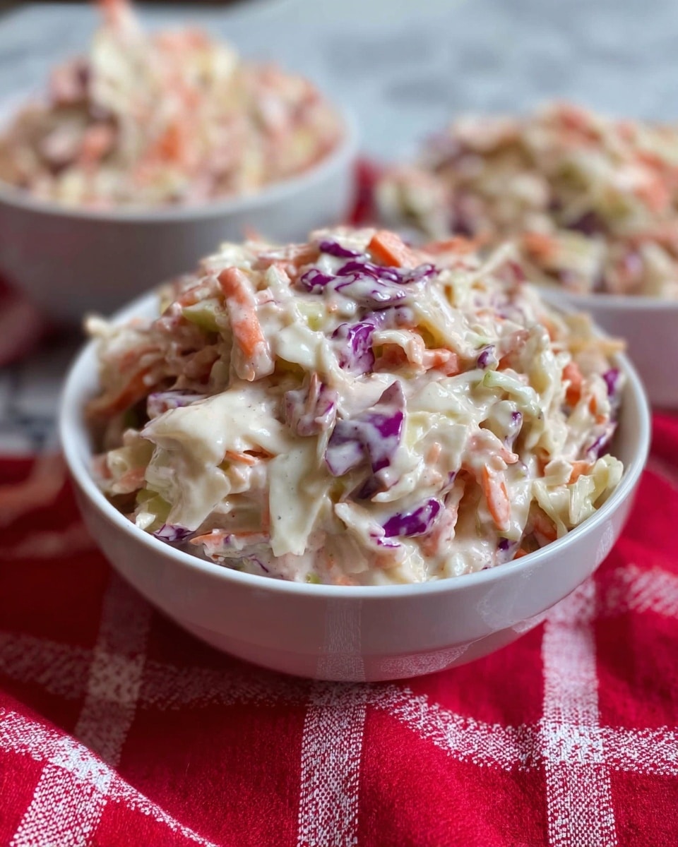 A close-up view of a white bowl filled with coleslaw, showing layers of shredded cabbage in white and purple colors mixed with small orange carrot pieces, all coated in a creamy dressing. Behind it, two more white bowls also filled with the same coleslaw are slightly blurred in the background. The bowls are placed on a red fabric with a white checkered pattern, and the surface beneath has a white marbled texture. The coleslaw looks fresh with visible small bits of vegetables evenly mixed, creating a colorful and textured look. photo taken with an iphone --ar 4:5 --v 7
