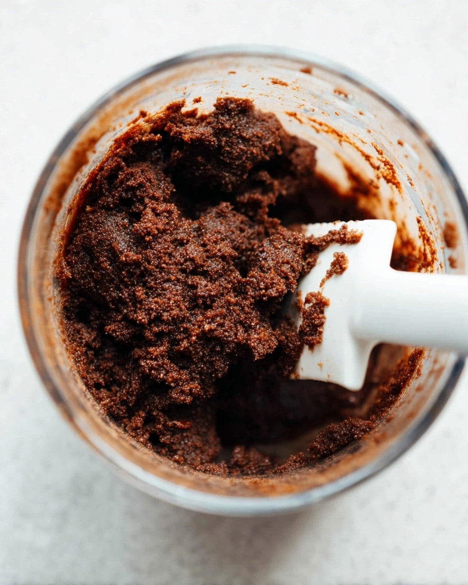 Inside a clear glass measuring cup, there is a dense, dark brown mixture with a rough, crumbly texture. The mixture sticks unevenly along the inside edges of the cup and clumps around a white silicone spatula that is lifting some of it. The background surface is a white marbled texture that adds a clean contrast to the rich color of the mixture. photo taken with an iphone --ar 4:5 --v 7