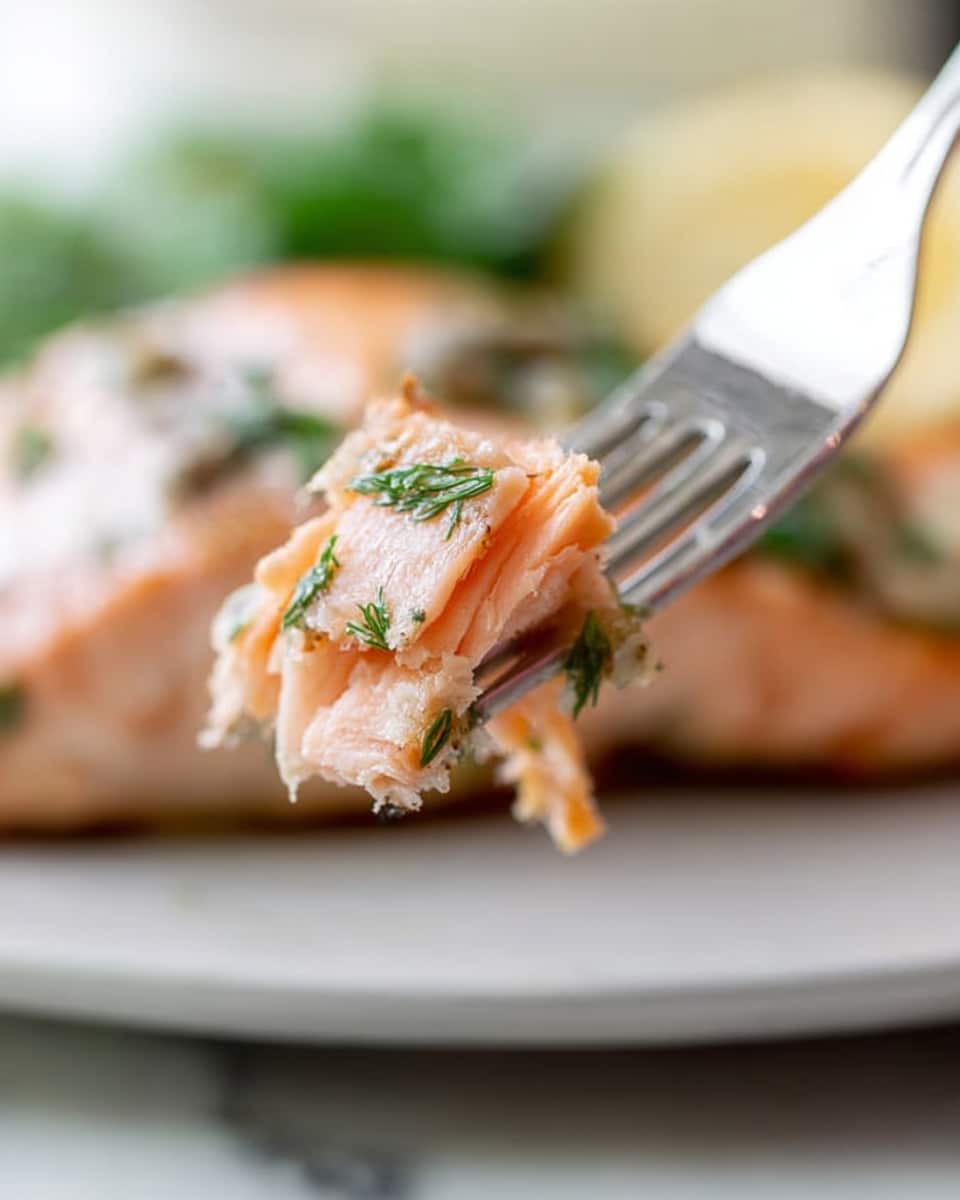 A close-up shot showing a silver fork holding a small piece of light pink cooked salmon with a soft, flaky texture; the fork is positioned diagonally from the top right corner. In the blurry background, a larger portion of the same salmon is visible with green herb garnishing on top. The dish is placed on a white marbled surface. The lighting is soft and natural, highlighting the tender texture and fresh look of the fish. Photo taken with an iphone --ar 4:5 --v 7