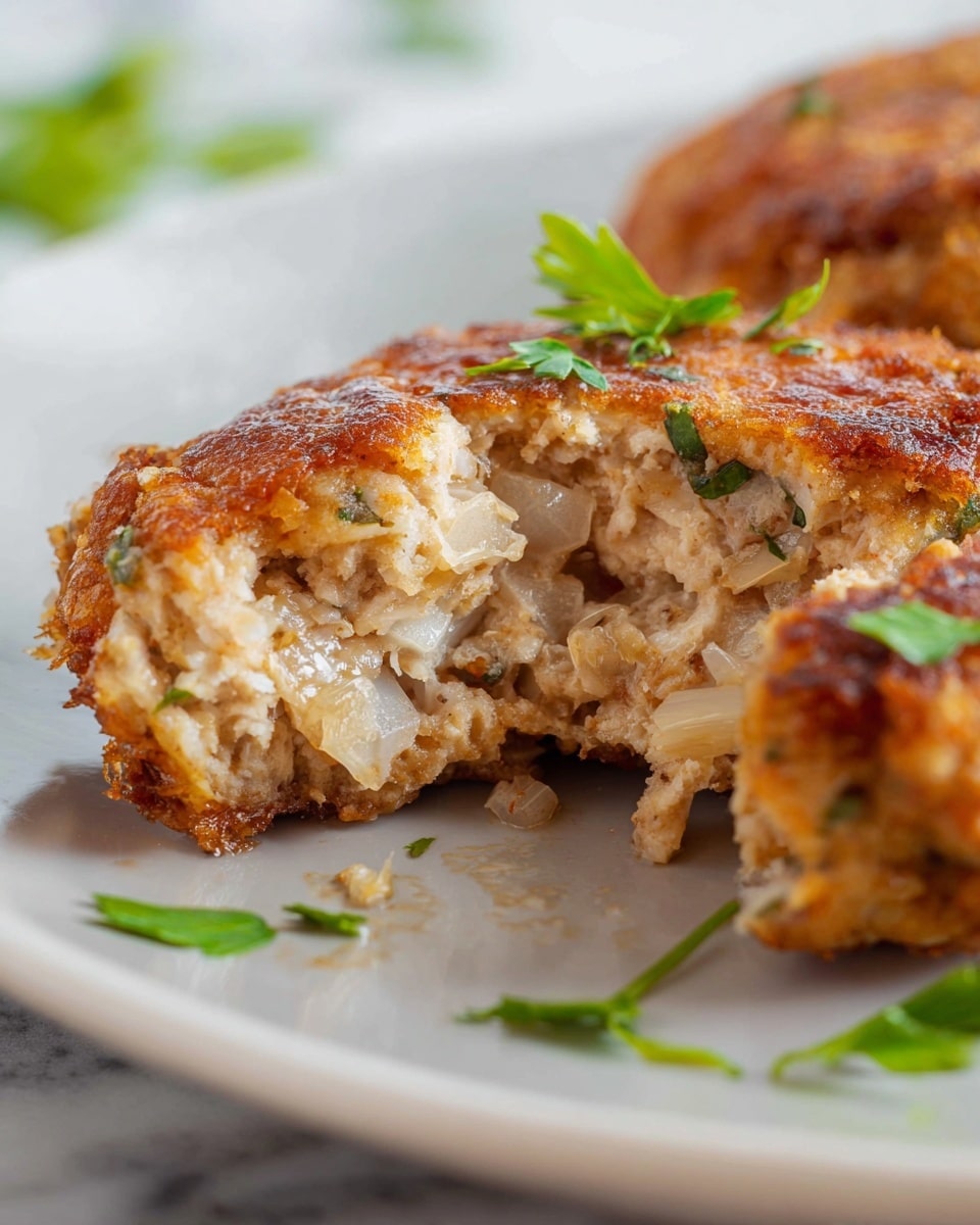 The image shows a close-up of a golden-brown fried patty broken open to reveal a soft, moist inside filled with visible small white onion pieces and bits of green herbs. The patty has a crispy, slightly rough texture outside, with a tender, chunky inside showing layers of light beige mixed filling. Some fresh green parsley leaves are scattered on and around the patty, which sits on a smooth white plate with a subtle shine. The background features a white marbled surface, adding clean and soft contrast to the warm colors of the food. photo taken with an iphone --ar 4:5 --v 7