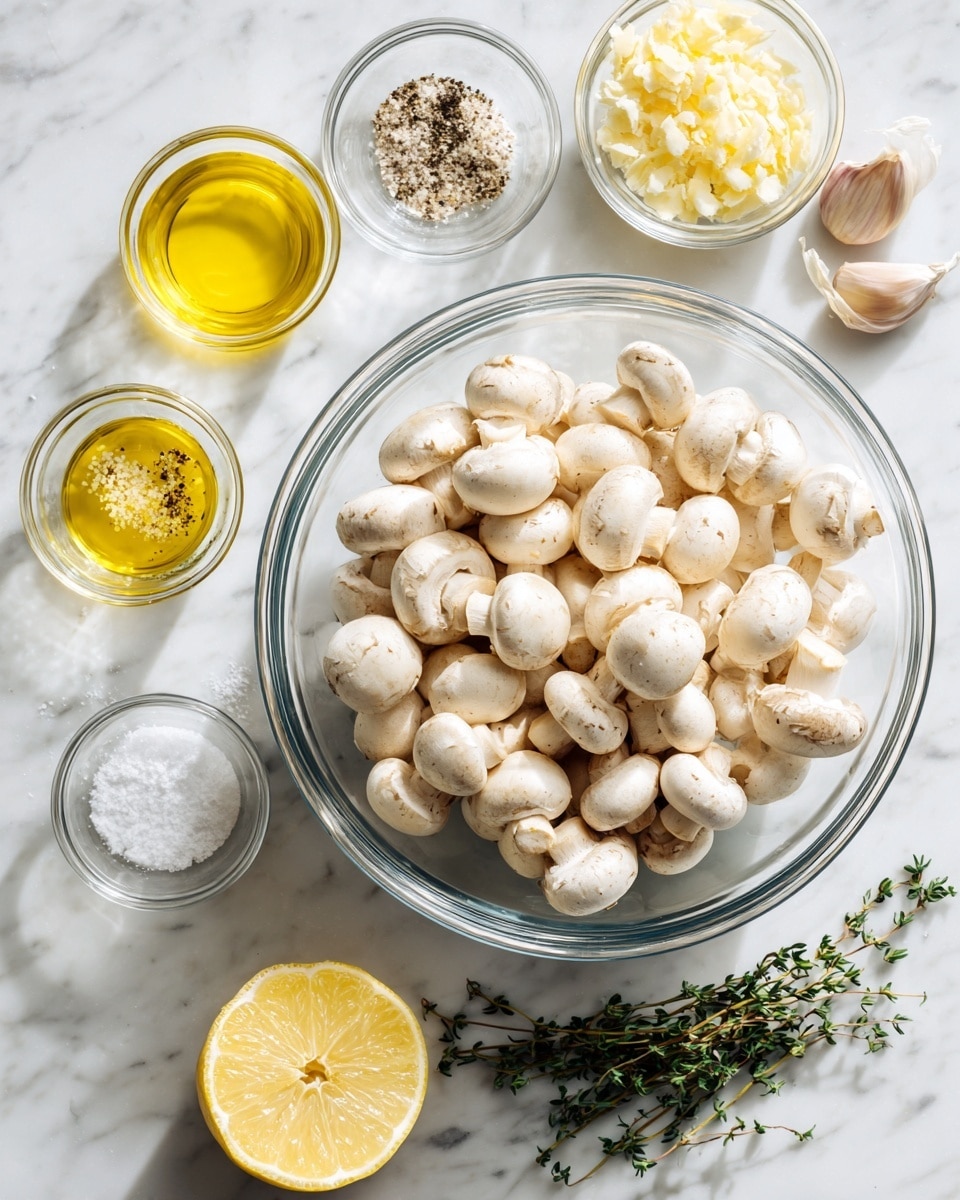 A clear glass bowl filled with many small, white mushrooms that have a smooth, rounded texture, sitting on a white marbled surface. Around the bowl are small clear glass containers with ingredients: yellow olive oil, a yellow butter liquid, finely chopped pale yellow garlic, and small salt and pepper grains in separate clear bowls. A half lemon with a bright yellow interior and green thyme sprigs lie beside the bowl, adding soft color touches. The overall setup is clean, simple, and bright with a focus on the fresh, raw ingredients. photo taken with an iphone --ar 4:5 --v 7