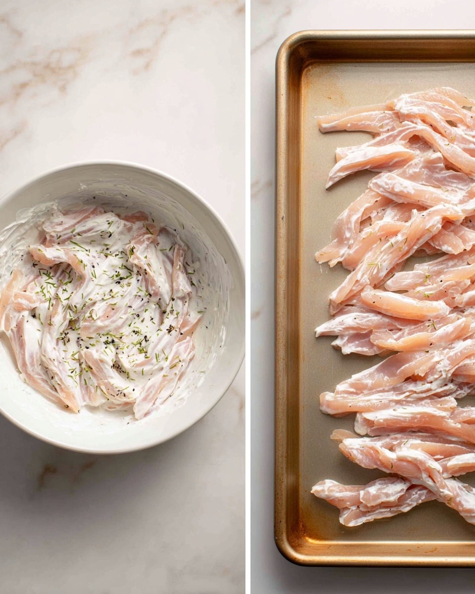 The image shows two side-by-side pictures on a white marbled surface. The left picture features a close-up of a white bowl filled with raw, light pink meat strips mixed with a thick white creamy sauce that has small black and green herb specks. The right picture shows the same raw meat strips, now coated with the sauce and spread out loosely on a baking tray with a smooth metal surface, arranged with some spaced apart and others slightly overlapping. Photo taken with an iphone --ar 4:5 --v 7