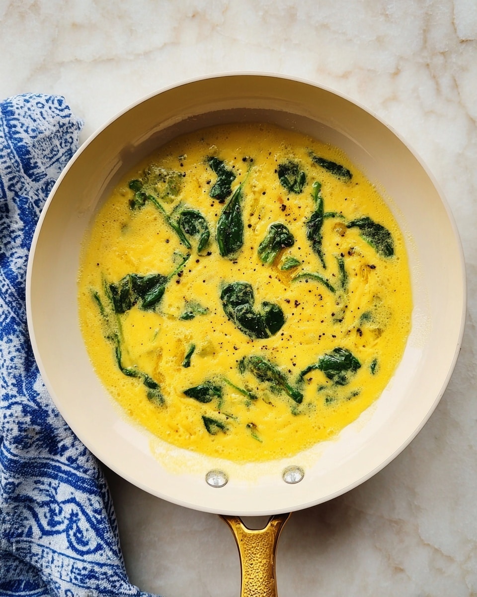 A white frying pan with a golden handle holds one layer of bright yellow egg mixture mixed with small dark green spinach leaves scattered throughout. The eggs look soft and slightly bubbly, with bits of black pepper sprinkled on top. The pan is placed on a white marbled surface, and there is a blue patterned cloth partially visible near the handle. photo taken with an iphone --ar 4:5 --v 7