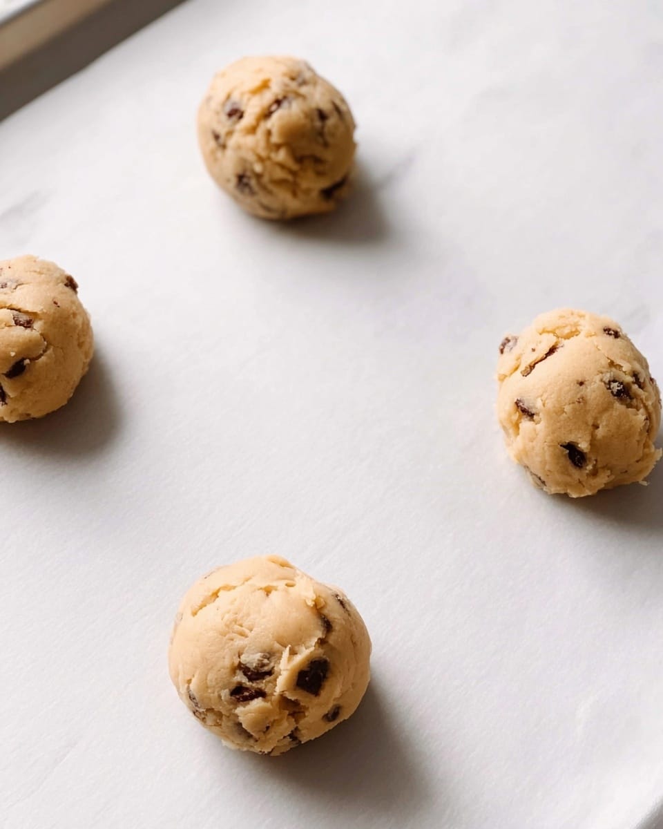 The image shows four light beige cookie dough balls with small dark brown chunks, placed separately on a white baking sheet lined with smooth white parchment paper. The dough balls are round with a soft, slightly lumpy texture and are spread out with ample space around each one. The background is a white marbled texture that gives a clean and bright look to the scene. photo taken with an iphone --ar 4:5 --v 7