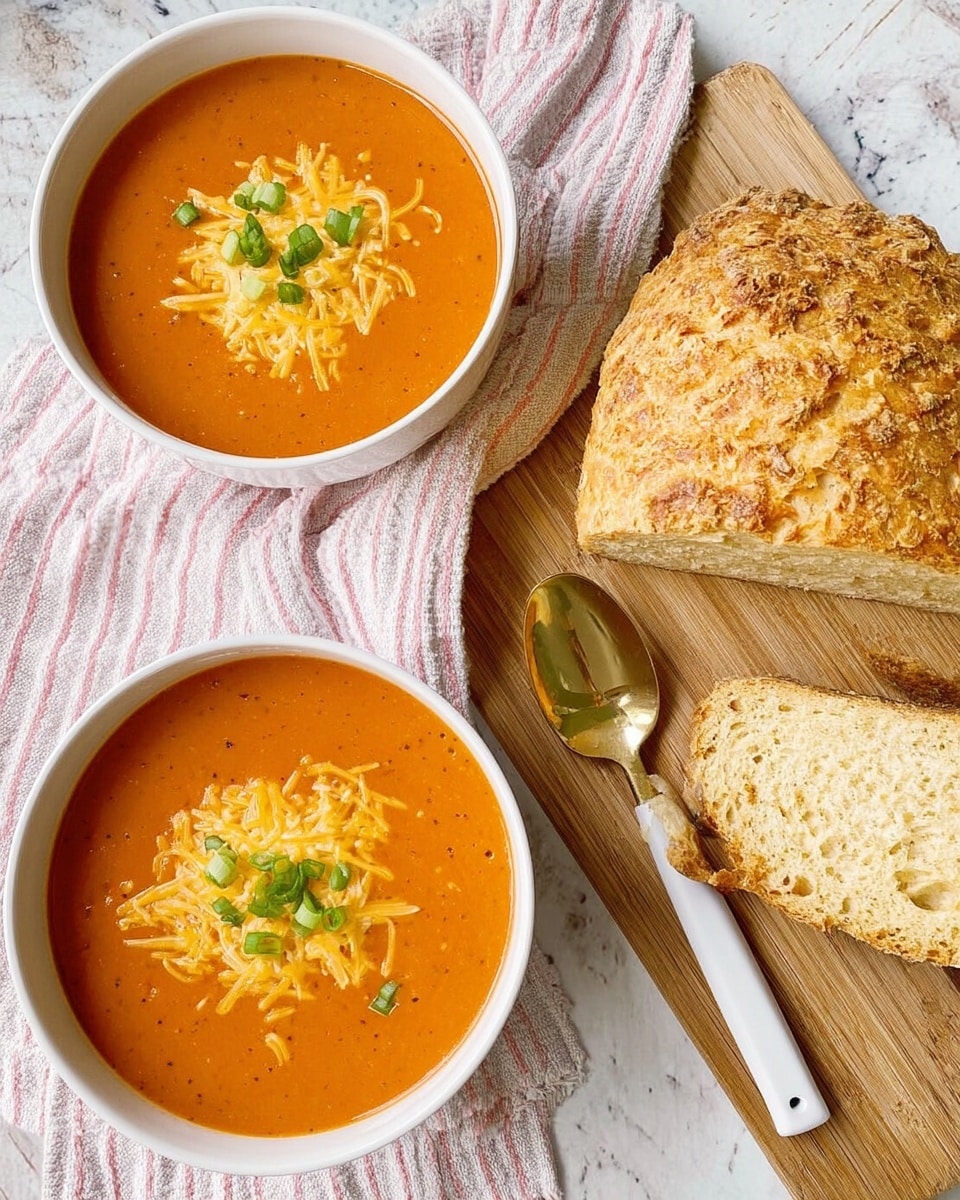 The image shows two white bowls filled with smooth orange tomato soup, each topped with shredded cheese and chopped green onions in the center. Next to the bowls is a wooden cutting board holding a loaf of golden-brown bread with a rough, textured crust, with one thick slice leaned against the loaf. A white and light pink striped cloth is placed near the bowls, with a white spoon with a shiny gold head resting on it. The background is a white marbled textured surface. photo taken with an iphone --ar 4:5 --v 7