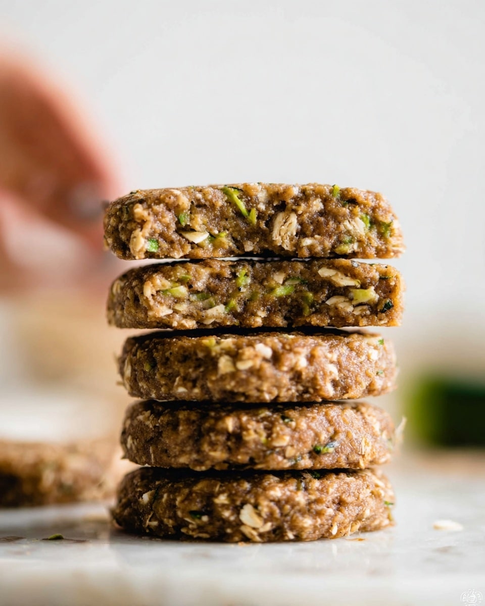 A stack of six thick, round cookies sits on a white marbled surface, with a woman’s hand breaking the top cookie in half to reveal a soft, moist inside speckled with green zucchini pieces and oatmeal flakes. The cookies are a warm brown color with a slightly rough texture, showing bits of oats and zucchini throughout each layer. The background is softly blurred with bright, natural light, making the cookies the main focus of the image. photo taken with an iphone --ar 4:5 --v 7