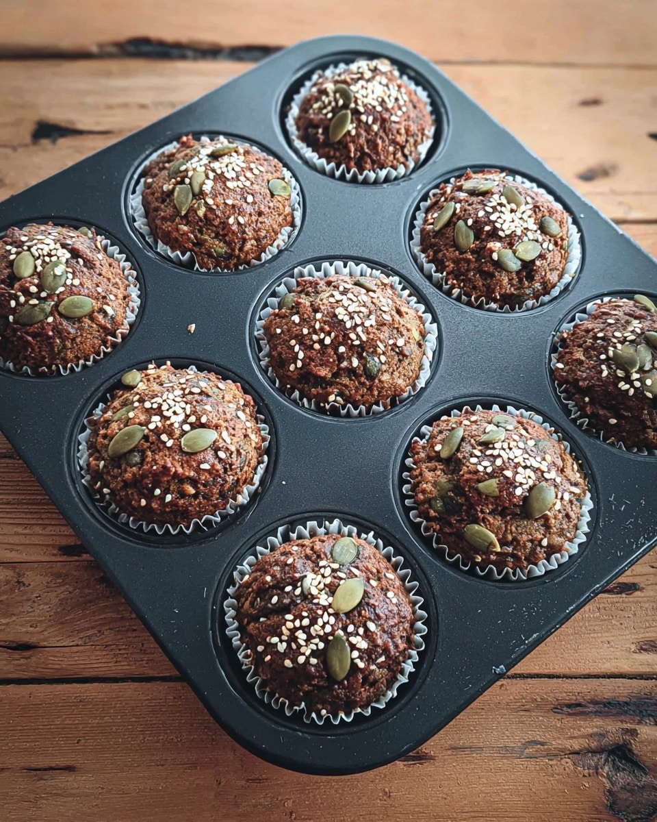Three dark brown muffins sit closely together on a light wooden board, each topped with white sesame seeds and green pumpkin seeds. The muffins have a rough texture with visible bits of carrot or similar vegetables inside, and are wrapped in white paper liners. In the background, a black muffin tray holds more muffins, all slightly blurred. The setting is on a white marbled surface with soft natural lighting. photo taken with an iphone --ar 4:5 --v 7