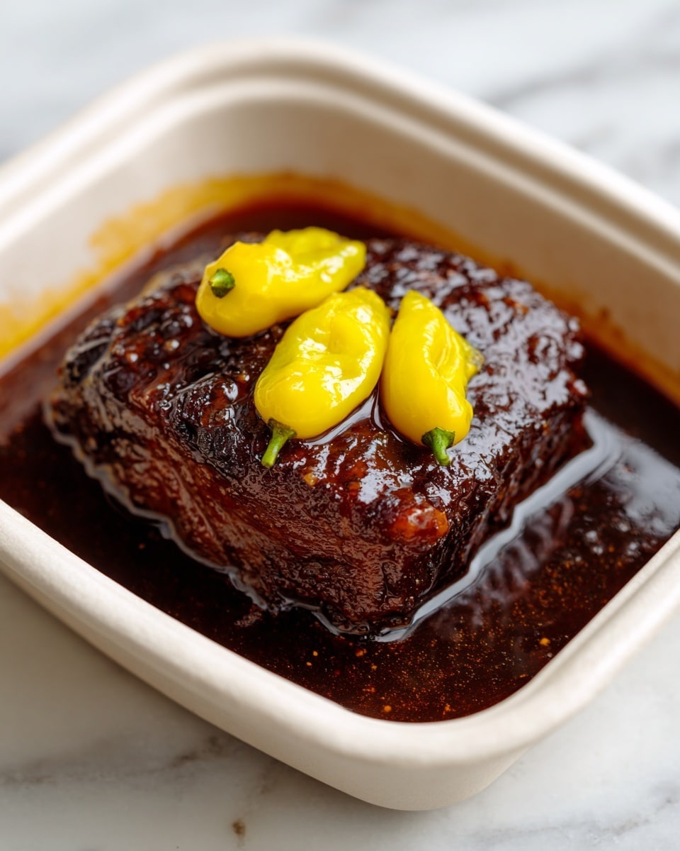 A close-up of a cooked meat piece resting in a dark brown sauce inside a white container, showing a rough, slightly charred texture with a shiny glaze. On top of the meat, there are three whole yellow peppers placed at different angles, adding a pop of bright color against the rich brown tones. The surface of the sauce around the meat is smooth and thick, with light reflections emphasizing its wet texture, and the background is a white marbled texture. photo taken with an iphone --ar 4:5 --v 7