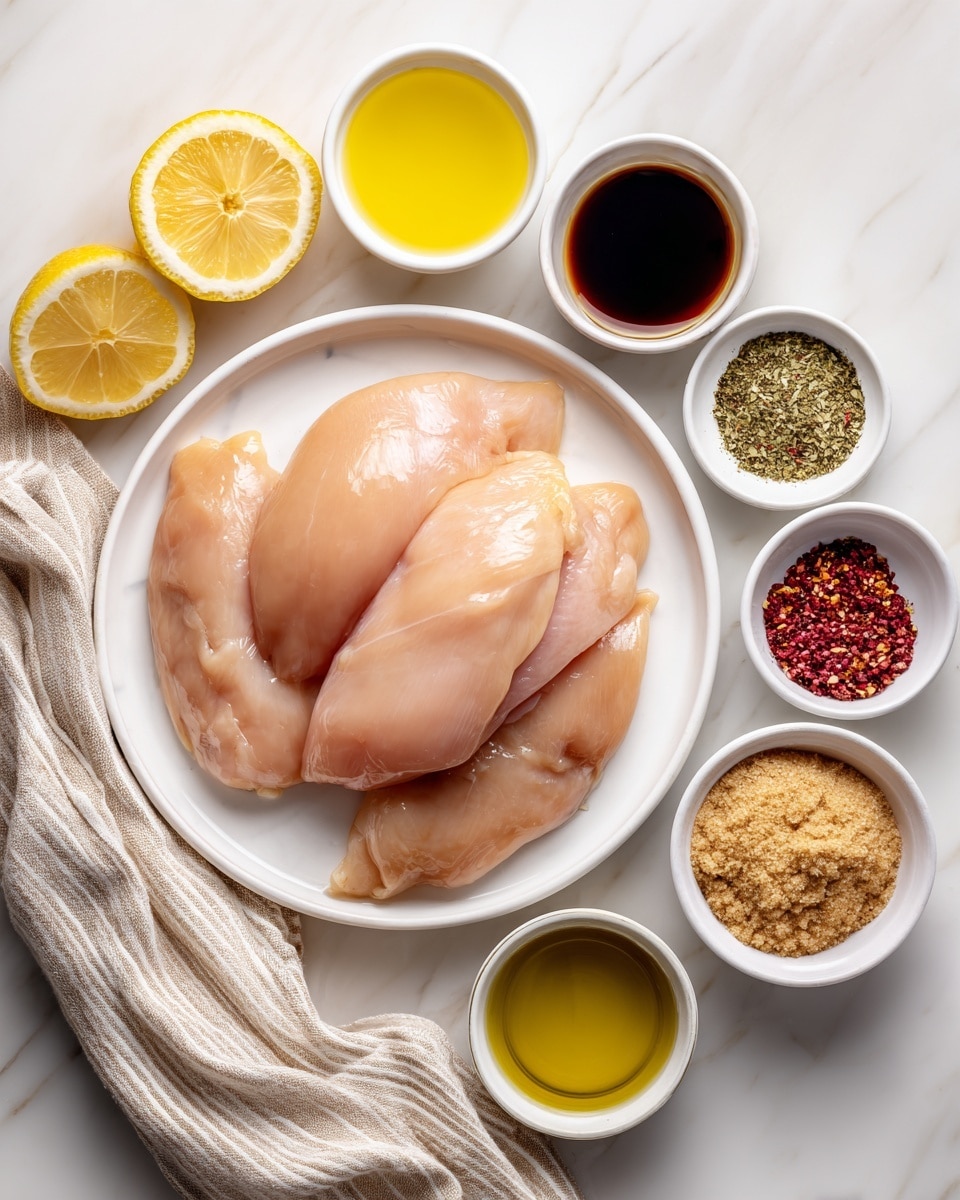 This image shows raw chicken breasts placed on a white plate at the center over a white marbled surface. Around the plate, there are small white bowls containing different ingredients: lemon juice with two lemon halves at top left, dark soy sauce in a bowl at the top center, pale yellow dijon mustard at the top right, a mix of colorful spices (red, brown, and green) in a bowl below dijon, dark balsamic vinegar to the right of the spices, light golden chicken broth below balsamic, green olive oil in a bowl at the bottom right, and brown sugar with a coarse texture to the left of olive oil. A folded beige cloth with stripes is placed at the bottom left corner. The lighting is bright and natural, showing clear details of all ingredients. Photo taken with an iphone --ar 4:5 --v 7