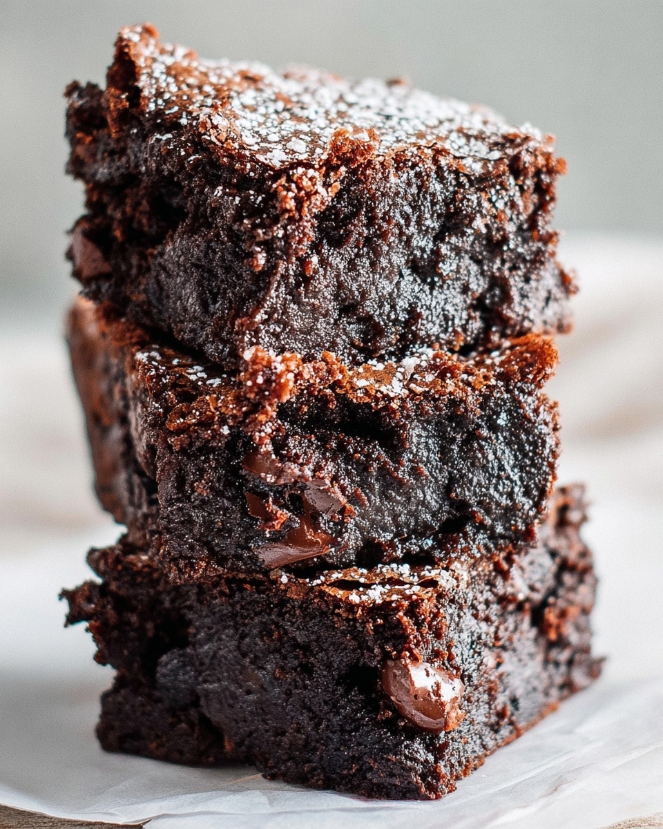 A close-up of three thick, dark brown brownies stacked one on top of the other on a piece of white parchment paper. Each brownie has a rich, moist texture with a slightly shiny, crackled top sprinkled lightly with powdered sugar. The edges show a denser, fudgy interior with some chunks visible, all set against a soft, white marbled background. photo taken with an iphone --ar 4:5 --v 7