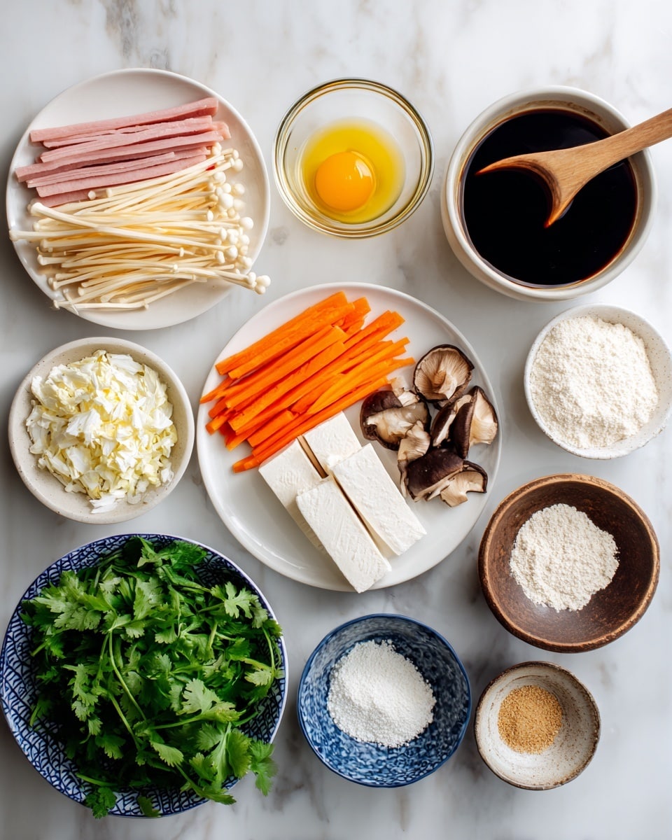 A white plate holds five sections of ingredients: thin pink ham strips on the top left, pale yellow bamboo shoots on the top right, bright orange carrot sticks on the bottom right, white tofu slices on the bottom left, and dark brown sliced mushrooms along the bottom center. Above the plate is a white bowl filled with a dark brown soy sauce mix, with a wooden spoon resting inside. To the right of this, a small clear glass bowl contains a bright yellow beaten egg. Below the egg, a small white bowl has finely chopped garlic, next to it, a beige bowl filled with white corn starch. Moving left from the garlic, a small white bowl holds clear yellow oil. At the bottom left is a blue and white bowl filled with fresh green coriander leaves. To the right of the coriander, a black bowl contains white pepper powder, and beside that, a small blue and white bowl holds light brown sesame oil. All bowls and plates rest on a white marbled surface photo taken with an iphone --ar 4:5 --v 7