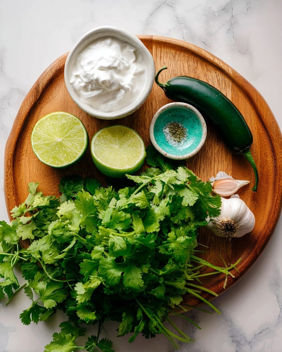 The image shows a round wooden board placed on a white marbled surface. On the board, there is a bunch of fresh green cilantro leaves covering the lower right side, a whole dark green jalapeño pepper on the upper right, and next to it, a single garlic clove. Near the center, a small white bowl with a turquoise inside holds a pinch of ground spice. To the left on the board, two halves of a lime show their pale green inside. Off the board at the top left corner, a white bowl with whipped white cream is visible, and at the bottom left corner, another small white bowl with a turquoise inside contains white coarse salt. photo taken with an iphone --ar 4:5 --v 7