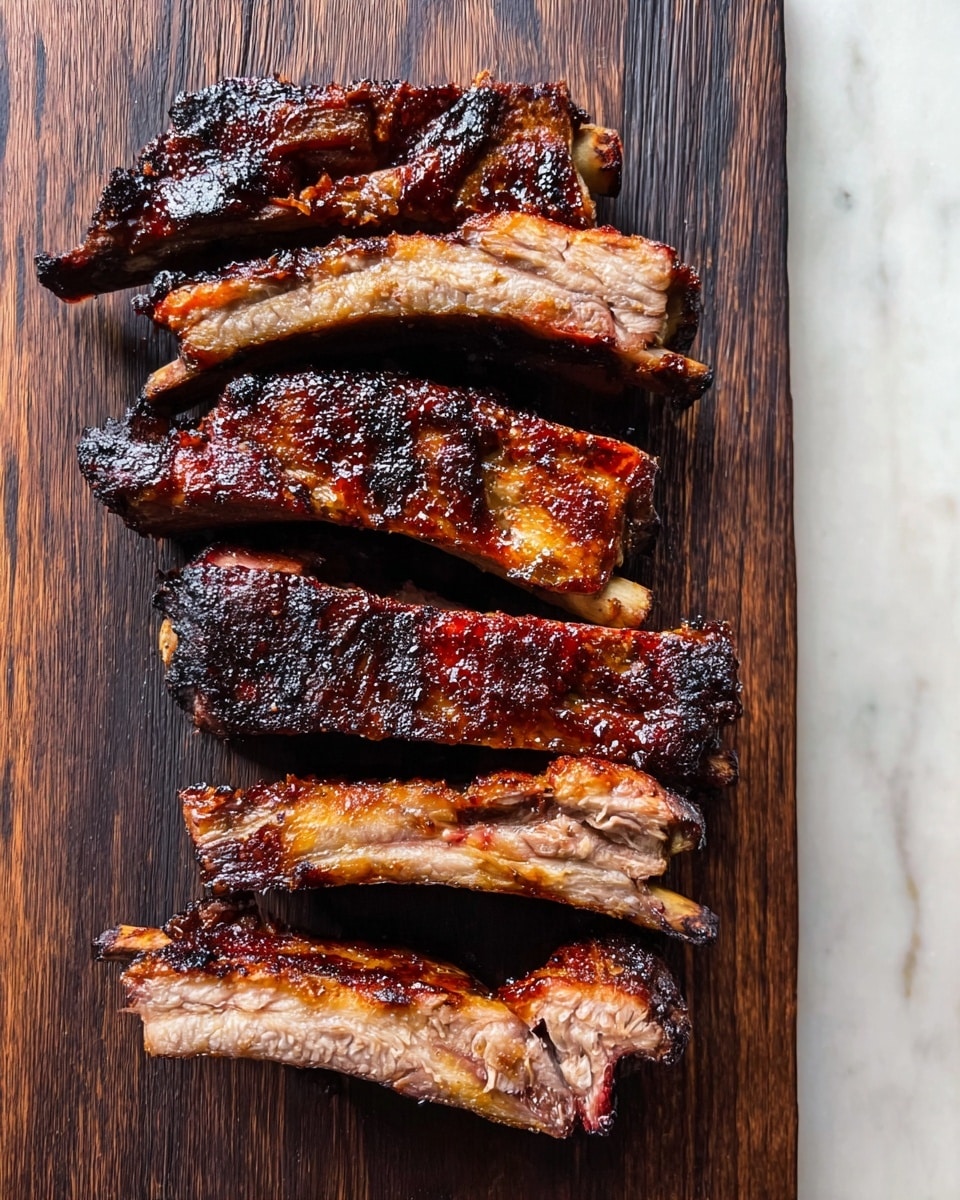 There are five pieces of grilled meat ribs with a dark, charred outer surface stacked vertically on a dark wooden board. Each rib shows a clear bone with grilled meat attached, featuring a mix of deep browns and slight red hues from the cooking. The meat looks slightly crispy in some places with visible grill marks and juicy textures inside. The board is placed on a white marbled surface. photo taken with an iphone --ar 4:5 --v 7