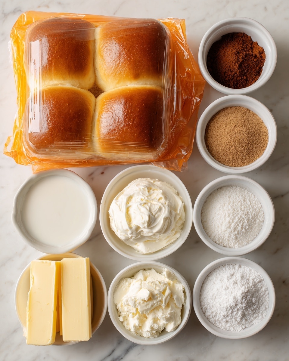 A white marbled surface holds a pack of golden brown Hawaiian rolls wrapped in bright orange plastic on the top left. Surrounding it are eight small white bowls each containing an ingredient: light to medium brown powdery brown sugar in the top right bowl; dark to light reddish-brown cinnamon mixed with a bit of white salt in the top middle right bowl; pure white milk in the center bowl; dark brown vanilla in the middle left bowl; thick white cream cheese mostly flat with some texture in the middle bottom left bowl; bright white powdered sugar with a fine texture in the bottom left bowl; and two pale yellow sticks of butter placed side by side in the bottom right bowl. Each ingredient stands out clearly on the smooth white bowls with the soft light enhancing their textures photo taken with an iphone --ar 4:5 --v 7