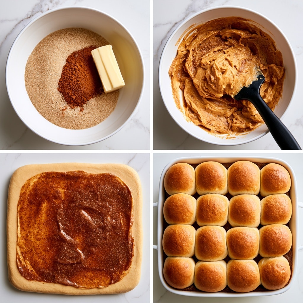 The image shows four steps of making a cinnamon butter roll dish on a white marbled surface. The first part is a white bowl with a mixture of light brown sugar, a medium brown cinnamon powder, and a stick of pale yellow butter. The second part shows the same white bowl with the light brown cinnamon butter mix now smooth and creamy, being stirred with a black spatula. The third part shows a flat layer of a soft light tan roll spread evenly with half the cinnamon butter mixture, which is smooth and rich brown in color. The fourth part shows twelve fluffy golden brown roll tops arranged in a white baking dish, covering the cinnamon butter spread beneath. Photo taken with an iphone --ar 4:5 --v 7