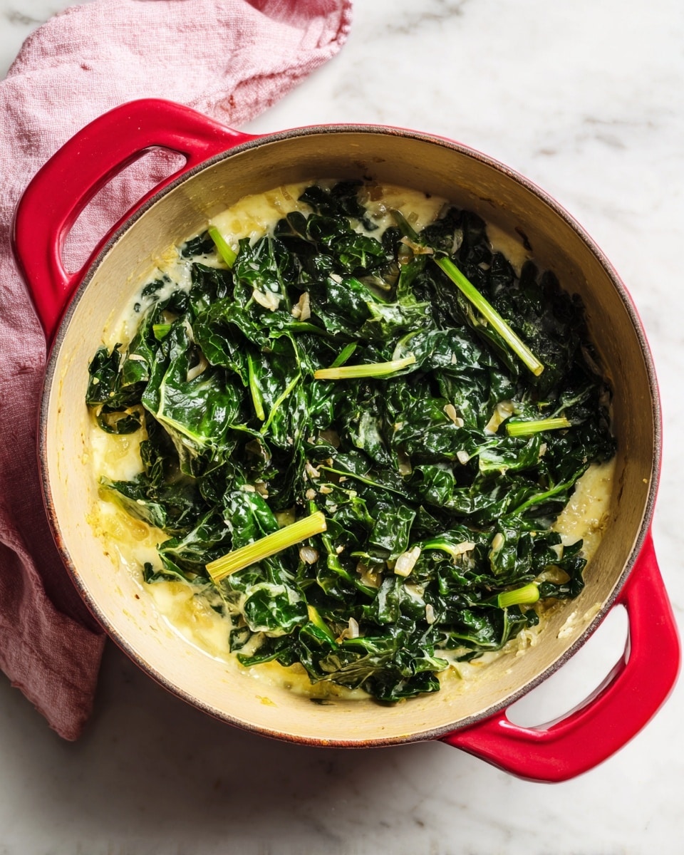 The image shows a red pot with creamy light yellow inside filled with cooked kale leaves. The kale is dark green with a few light green stems. Under the kale, there is a layer of small yellow and brown bits that look like cooked onions or garlic spread unevenly on the pot's bottom and sides. The pot sits on a white marbled surface with a light pink cloth next to it on the left side. The photo taken with an iphone --ar 4:5 --v 7