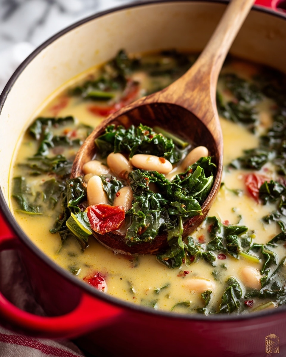 A close-up view of a soup in a red pot with a creamy beige inside, filled with dark green leafy kale floating in a clear golden broth. There are small beige beans and pieces of red tomatoes mixed throughout. A light wood spoon is scooping up some kale and beans from the soup, resting on the right side inside the pot. The pot sits on a white marbled surface with a hint of a red and white cloth underneath. Photo taken with an iphone --ar 4:5 --v 7