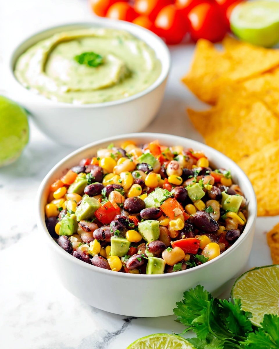 A white bowl filled with a colorful mix of black beans, pinto beans, yellow corn, red bell peppers, avocado chunks, and chopped green herbs, all mixed together for a fresh look. Behind it, a smaller white bowl holds a creamy pale green dip with a swirl on top and a small green garnish in the center. On the white marbled surface around the bowls, there are some fresh lime halves, leafy green herbs, red grape tomatoes, and two large pieces of yellow tortilla chips. photo taken with an iphone --ar 4:5 --v 7