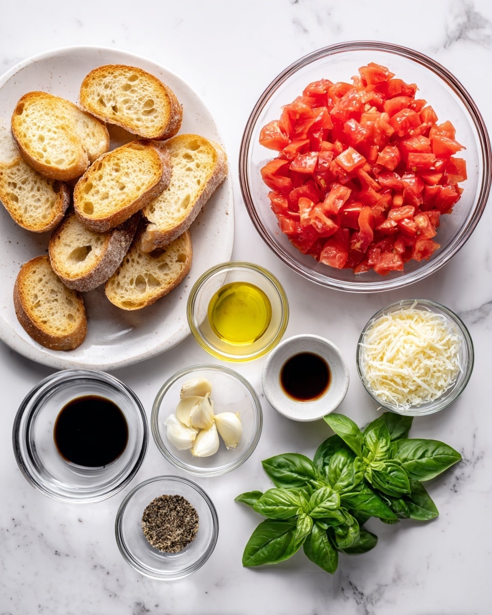 The image shows ingredients for making bruschetta arranged neatly on a white marbled surface. On the left, there is a white plate holding about ten slices of light brown toasted bread with a crusty texture. To the right, a large clear glass bowl filled with finely chopped bright red tomatoes sits in the top center. Around the bowl, there are five small clear glass bowls each with different ingredients: finely chopped garlic, light yellow olive oil, a small pile of white salt, dark brown balsamic vinegar, and black pepper. Fresh, bright green basil leaves lie to the far right, next to a small glass bowl full of grated pale yellow cheese. The scene is well lit and clean, with everything clearly visible. Photo taken with an iphone --ar 4:5 --v 7
