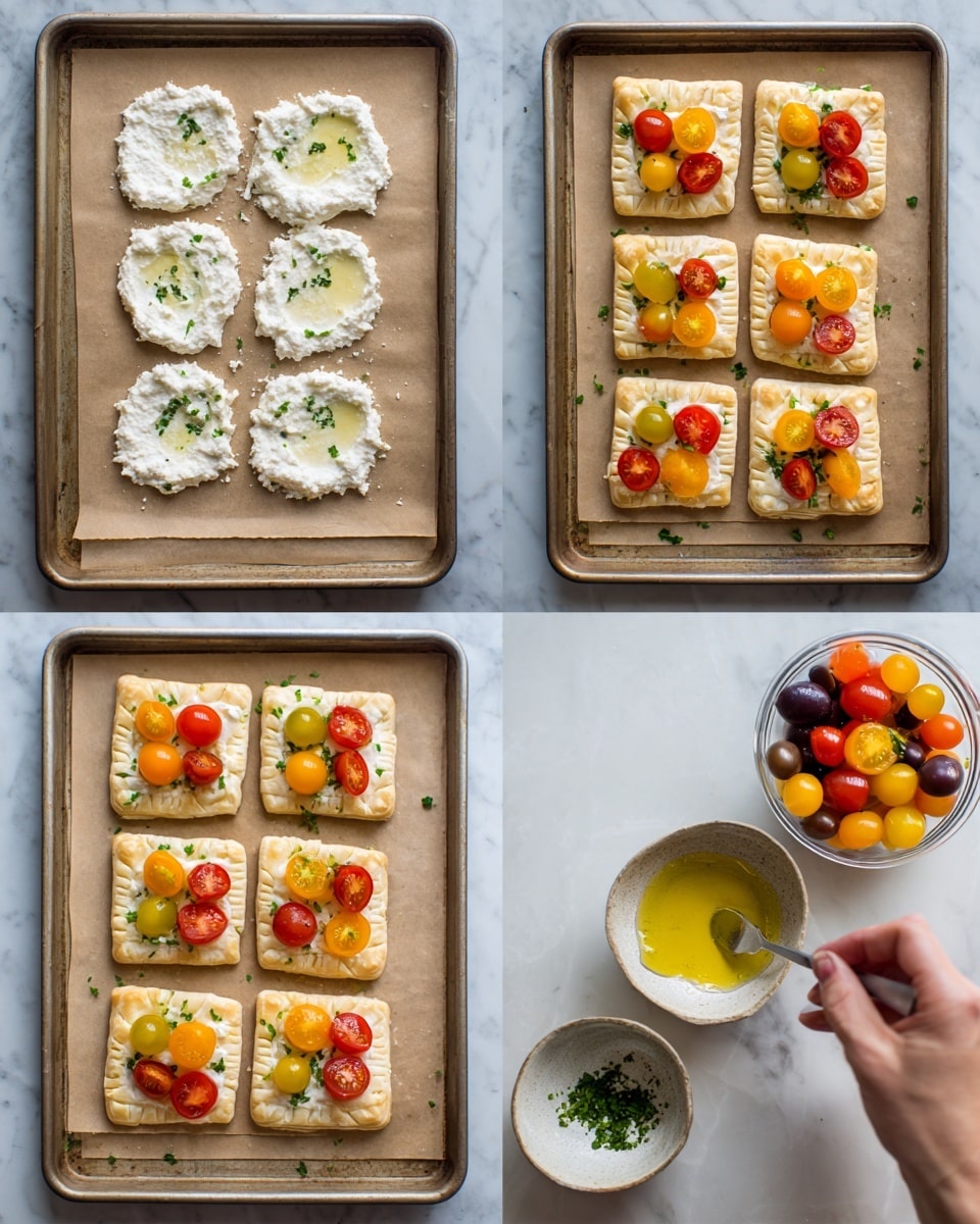 The image shows a step-by-step process of making small square puff pastry tarts on a baking sheet lined with brown parchment paper. In the first step, six raw pastry squares are spread with a white, creamy cheese mixture that has a slightly rough texture. In the next step, halved cherry tomatoes in red, yellow, and orange colors are placed on top of the cheese layer, two to three pieces on each square. The third step shows a spoon pouring a light yellow liquid, likely oil, around the tomatoes on the pastry. Finally, the tarts are baked to a golden brown color with puffed edges, topped with fresh chopped green herbs being sprinkled on by a woman's hand. Bowls of colorful cherry tomatoes and the cheese mixture sit nearby on a white marbled surface. Photo taken with an iphone --ar 4:5 --v 7