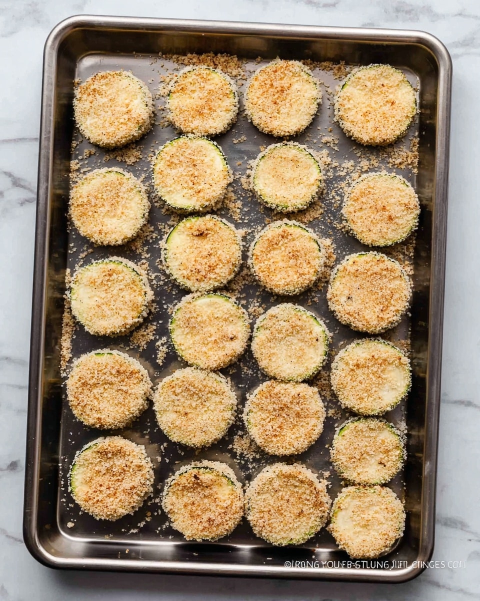The image shows a metal tray on a white marbled surface holding three white rectangular dishes in a row. The top dish is filled with white flour and has a round green zucchini slice halfway pushed into it. The middle dish contains a yellow beaten egg mixture with two zucchini slices partly dipped, one showing its green skin and the other dusted with flour. The bottom dish has light brown breadcrumbs with two zucchini slices, one plain and one half-covered with crumbs. To the left of the dishes, there is a pile of plain green zucchini slices stacked and spread out. Photo taken with an iphone --ar 4:5 --v 7