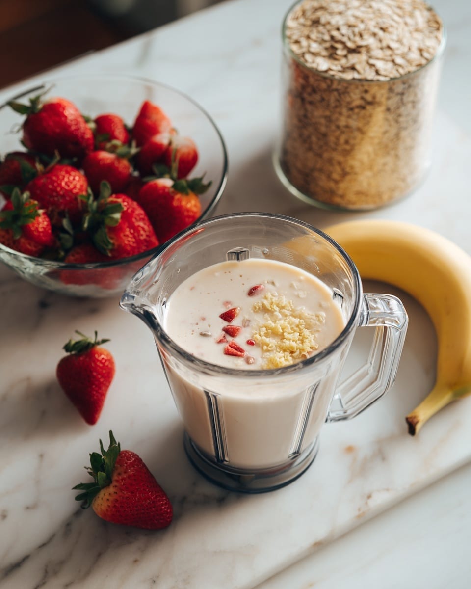 The image shows a clear blender container filled with a mix of white milk, pale yellow oats, and small red and beige pieces of fruit inside, resting on a white marbled surface. To the left of the blender, there is a glass bowl filled with bright red strawberries with green leaves on top, and next to the bowl, a single yellow banana lies on the white marbled surface. Behind the bowl, a tall cylindrical container filled with brown oats is partially visible. The scene is well-lit with soft natural light, highlighting the fresh ingredients. Photo taken with an iphone --ar 4:5 --v 7