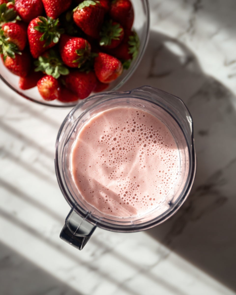 The image shows a clear blender container filled with a light pink, creamy smoothie. The smoothie has a smooth texture with small visible bubbles on the surface, filling about two-thirds of the blender. Behind and to the left of the blender, there is a clear glass bowl filled with bright red strawberries with green leaves, sitting on a white marbled surface. The scene is well-lit with natural light, and a woman's hand is not visible in this image. Photo taken with an iphone --ar 4:5 --v 7