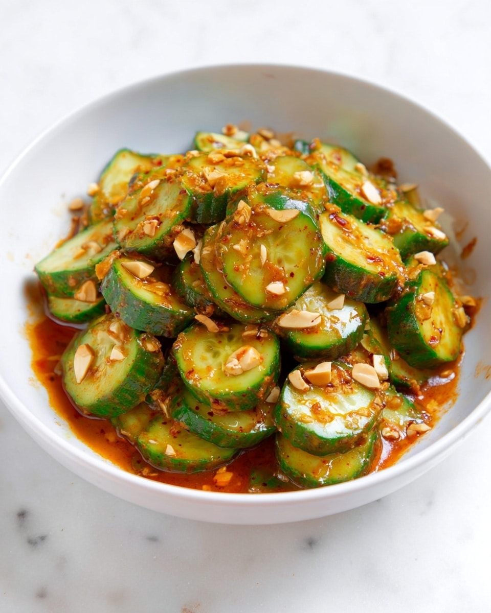 A white round bowl holds a mix of thick cucumber slices, usually two layers visible, coated in a glossy, reddish-brown sauce with bits of crushed nuts scattered throughout. The cucumbers have a fresh green skin and light green flesh, and the sauce covers them unevenly, giving a textured look with some sauce pooling around the edges of the bowl. The bowl sits on a white marbled surface. photo taken with an iphone --ar 4:5 --v 7