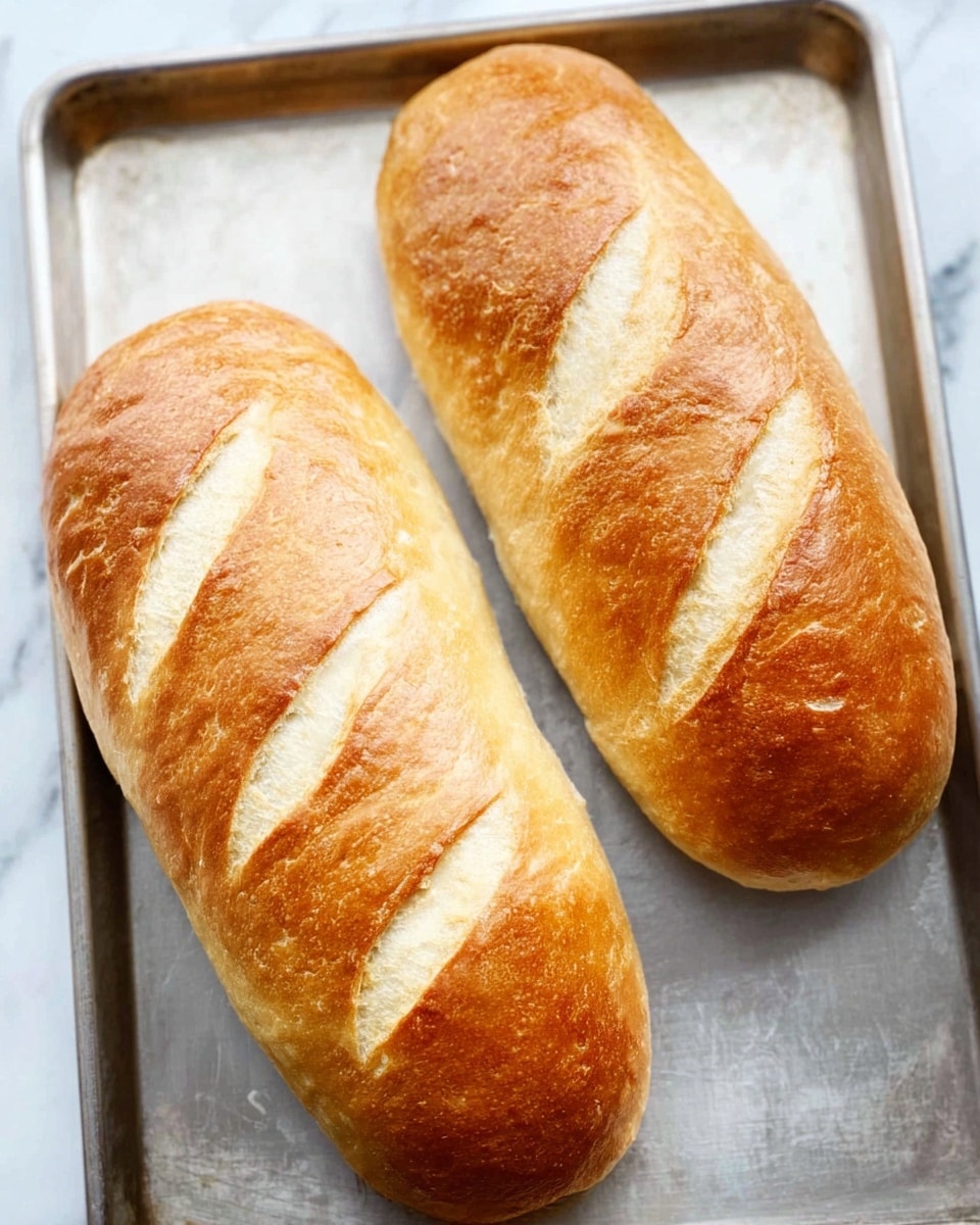 The image shows two golden brown loaves of bread placed side by side on a silver baking tray, which rests on a white marbled surface. Each loaf has three slashes on the top, exposing a lighter, soft interior texture. The crust appears smooth and shiny, indicating a fresh bake, with rounded ends and a slightly elongated oval shape. The close-up view highlights the contrast between the crust’s warm light brown color and the pale creamy inside. Photo taken with an iphone --ar 4:5 --v 7