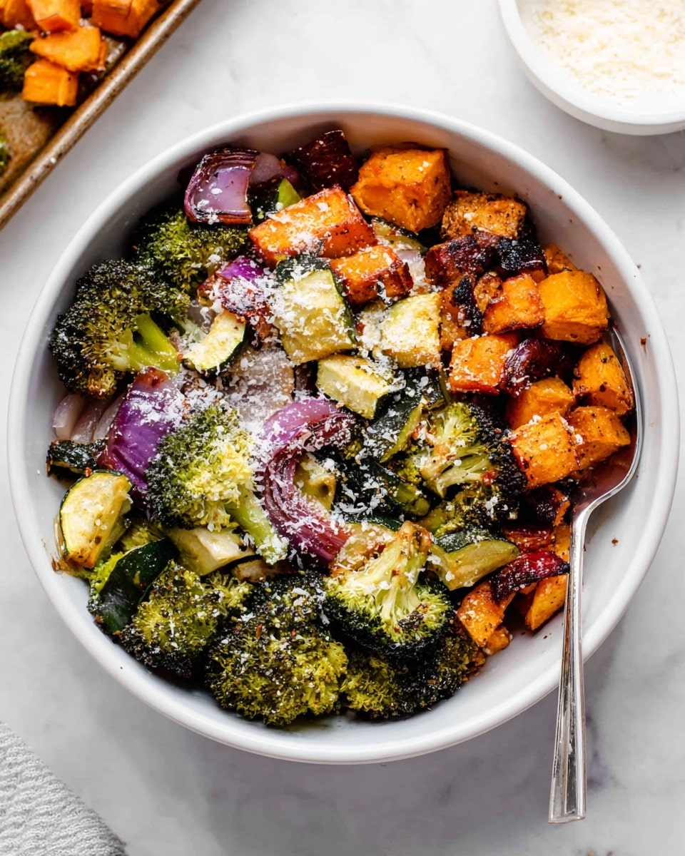 Two large baking trays filled with roasted vegetables sit on a white marbled surface, both trays covered with an even layer of mixed pieces. The vegetables include bright orange cubes of sweet potato, yellow-orange chunks of bell pepper, small green broccoli florets with a slightly charred texture, dark green zucchini slices, and pieces of purple onion, all roasted to a golden-brown finish with some charred edges. The trays have a metal grid pattern and show signs of roasting with spots of seasoning and slight browning. The photo taken with an iphone --ar 4:5 --v 7