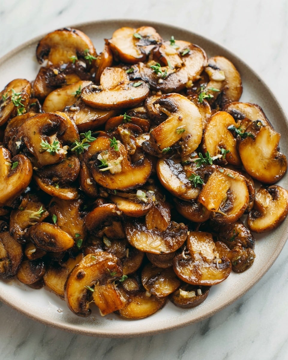 A close-up view of a white plate filled with golden brown sliced mushrooms cooked with garlic and small green herb sprigs scattered on top. The mushrooms have a soft, slightly shiny texture and are piled evenly, showing some darker caramelized edges. The plate sits on a white marbled surface. photo taken with an iphone --ar 4:5 --v 7
