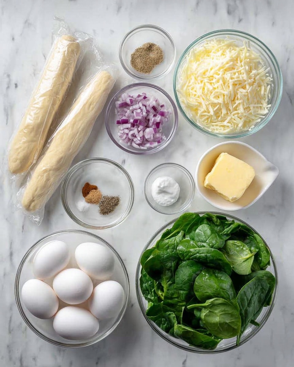 The image shows a top view of several clear glass bowls and two bundles of dough on a white marbled surface. There are six white eggs in one bowl near the center. To the left of the eggs, two long pieces of dough are wrapped partially in plastic. Above the eggs, there is a bowl with finely chopped purple onions and to its right, a bowl with white creamy cheese. Above these bowls, shredded cheese sits in a glass bowl, and a small bowl with brown spice powder is to its right. On the far right side, a large bowl filled with bright green fresh spinach leaves takes up much of the space. Below the eggs, a small chunk of yellow butter sits next to a small white bowl with salt and pepper. The overall colors are soft greens, whites, yellows, and purples against the white marbled background photo taken with an iphone --ar 4:5 --v 7
