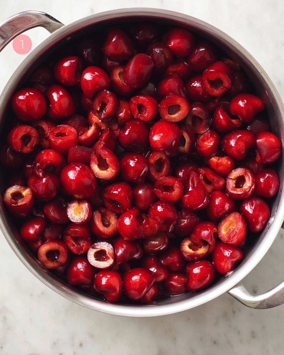 A close-up top view of a large metal pot filled completely with bright red cherries that have been pitted, showing the empty brown pits inside. The cherries have a shiny, smooth texture and fill every part of the pot. The pot is placed on a white marbled surface. photo taken with an iphone --ar 4:5 --v 7