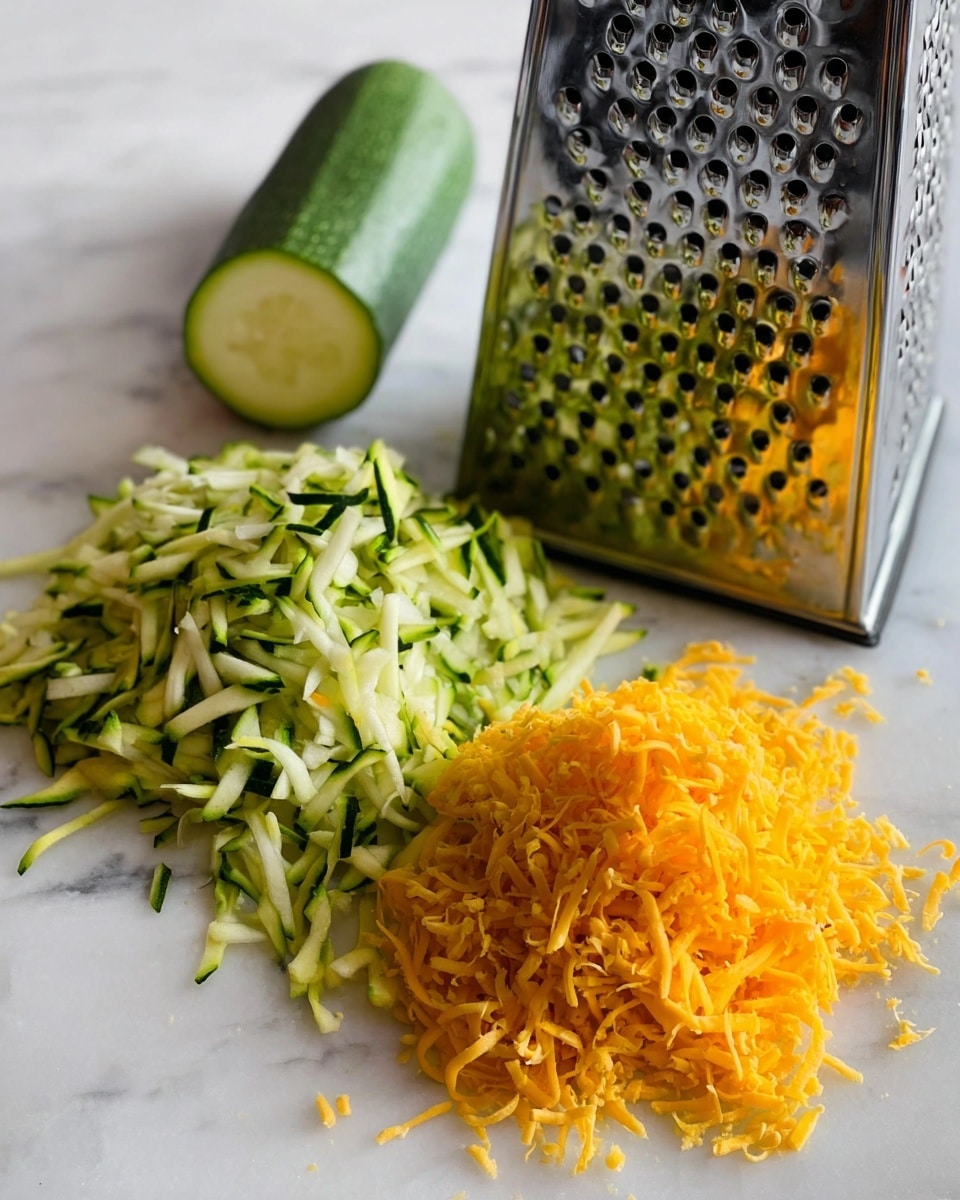 The image shows a white marbled surface with three main parts: on the left, a pile of shredded green zucchini with both soft pale green and dark green skins, just below a half zucchini with a smooth green skin and pale interior; in the middle, a metal grater with multiple circular holes stands upright; and on the right, a pile of finely shredded bright orange cheddar cheese with thin, curly strands. Photo taken with an iphone --ar 4:5 --v 7