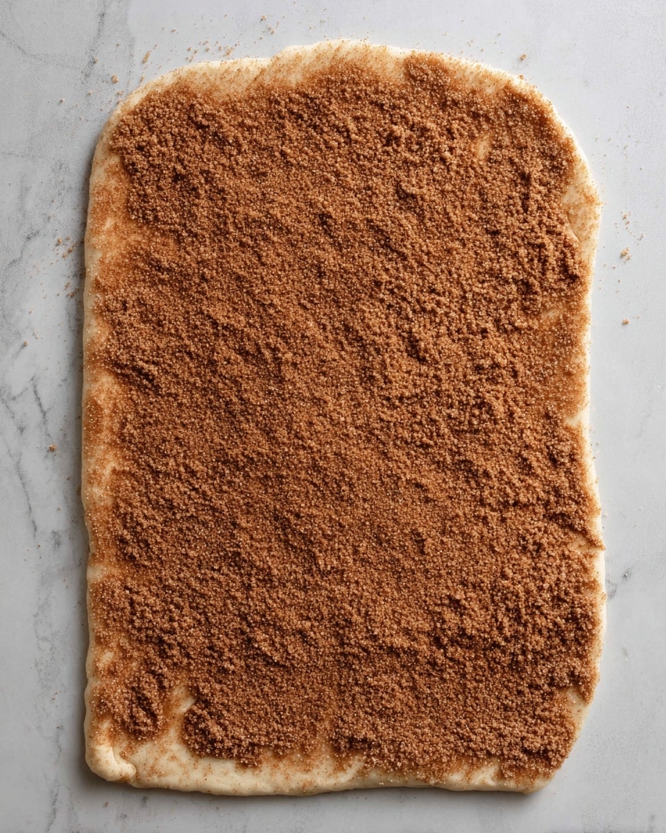 The image shows a single layer of rolled-out dough in an imperfect rectangular shape, with thick edges, placed on a white marbled surface. The dough is evenly covered with a fine, crumbly brown sugar and cinnamon mixture spread across the entire top surface except for a small edge margin. The sugar and cinnamon topping adds a grainy texture over the smooth dough. Photo taken with an iphone --ar 4:5 --v 7