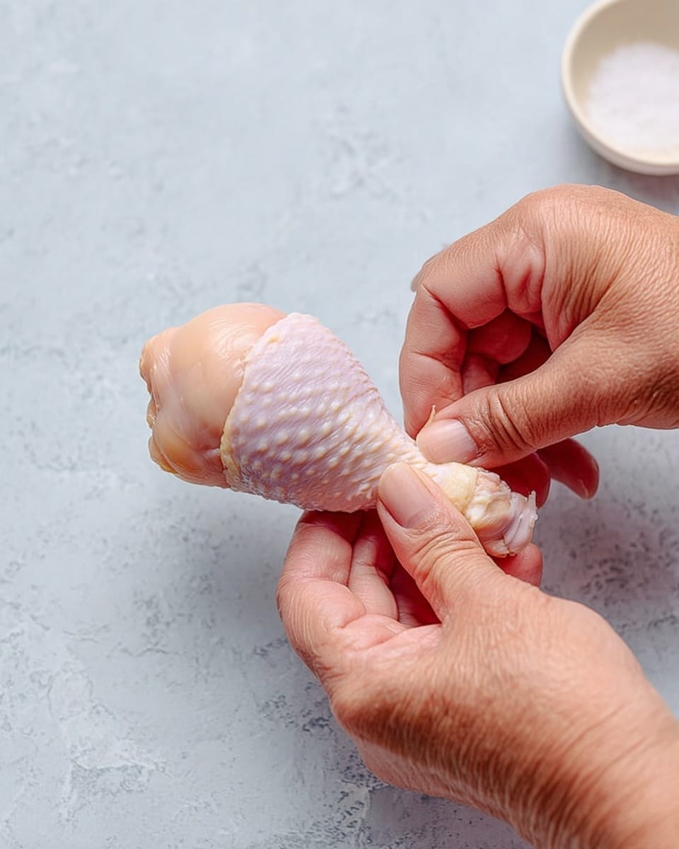 Two aged hands are holding a raw chicken drumstick. One woman's hand grips the thicker part of the drumstick with the fingers wrapped around it, while the other hand pulls on the bone near the smaller end. The chicken drumstick shows pale pink skin with a smooth texture. The background is a white marbled texture with a small white bowl of salt visible in the top right corner. Photo taken with an iphone --ar 4:5 --v 7