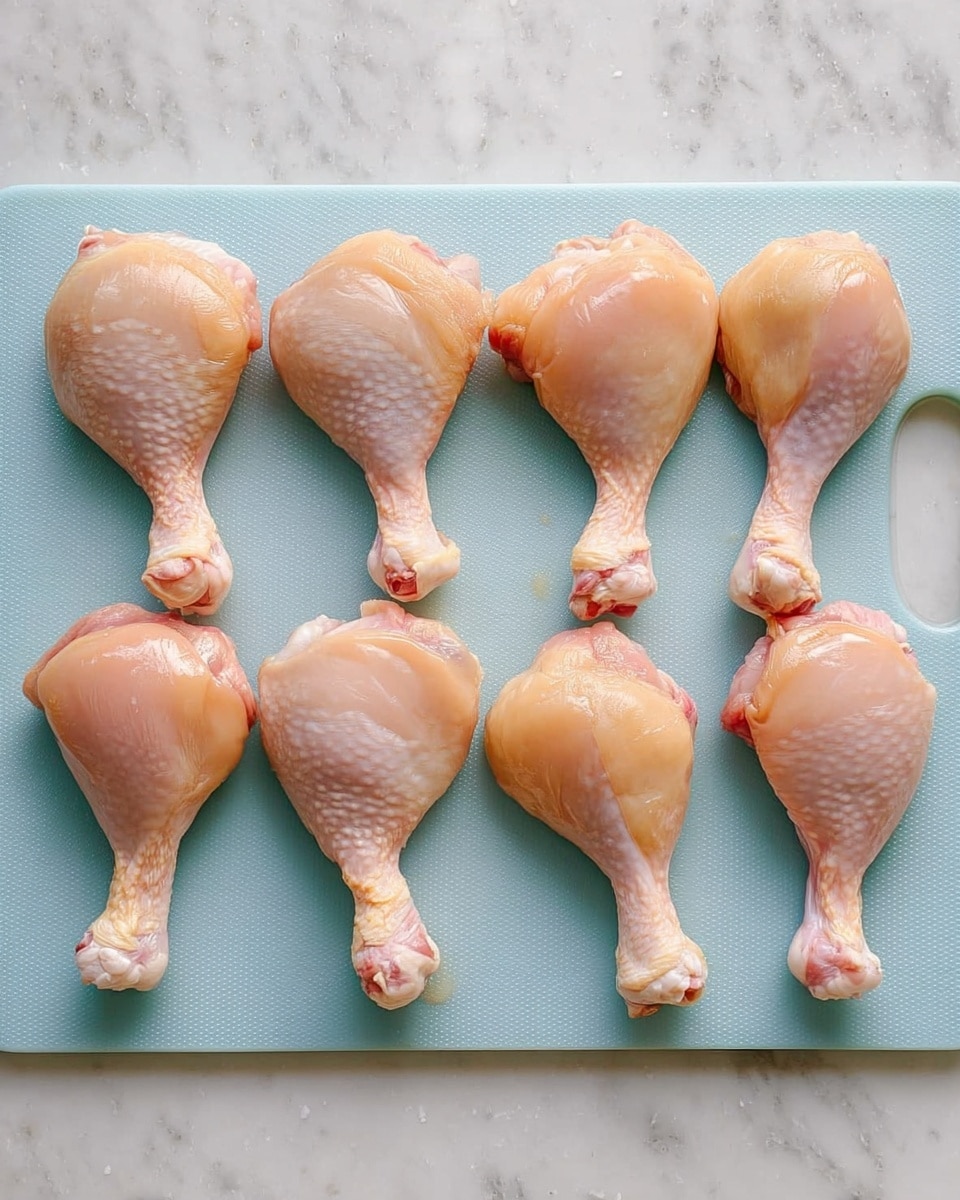 The image shows eight raw chicken drumsticks neatly placed on a pale blue cutting board with a small round hole in the top right corner. The chicken pieces have a smooth, shiny skin with light pink and slightly yellow colors. Each drumstick is arranged in two rows - five pieces in the top row and three in the bottom row, all facing the same way with the wide meaty parts at the top and the narrow bone ends at the bottom. The cutting board rests on a white marbled surface. Photo taken with an iphone --ar 4:5 --v 7