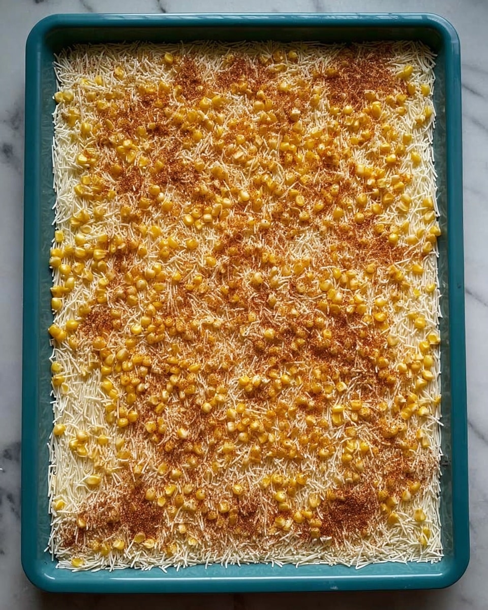 The image shows many golden-brown corn fritters with a crispy texture, scattered close together on a dark wooden surface. Each fritter is irregular in shape, made mostly of bright yellow corn kernels held together by a browned, crunchy batter. Small green herb pieces are sprinkled on top for color contrast. At the bottom left corner, a white bowl with a dark rim holds a creamy white dipping sauce, garnished with chopped green herbs and a drizzle of yellow oil. The background is a white marbled texture. photo taken with an iphone --ar 4:5 --v 7