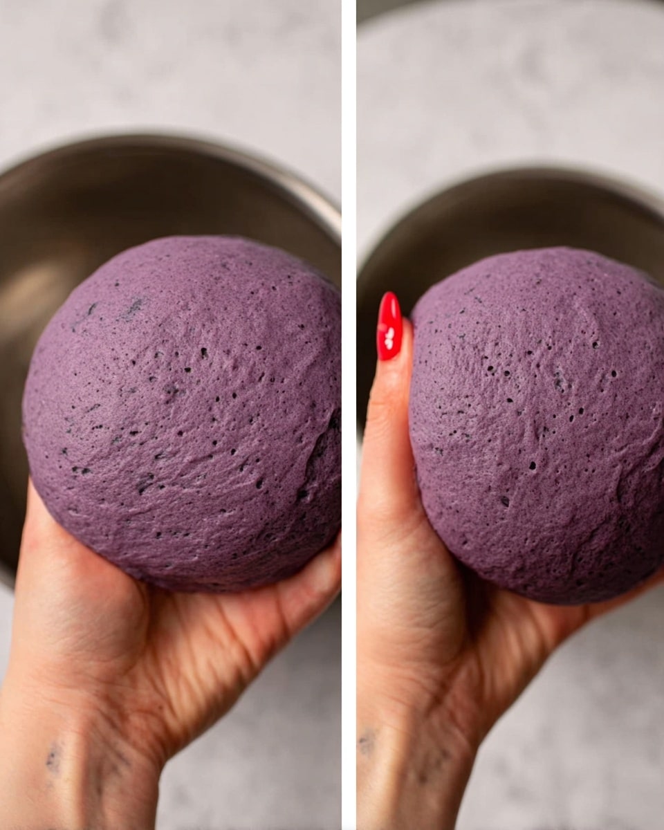 A close-up image showing a woman's hand holding a round piece of purple dough with a smooth and slightly textured surface. The dough is thick and stretches in the woman's hand, with small bubbles and a moist look. In the background, there is a metal bowl and a white marbled texture surface. The woman's nails are painted red with a small design on the thumb. Photo taken with an iphone --ar 4:5 --v 7