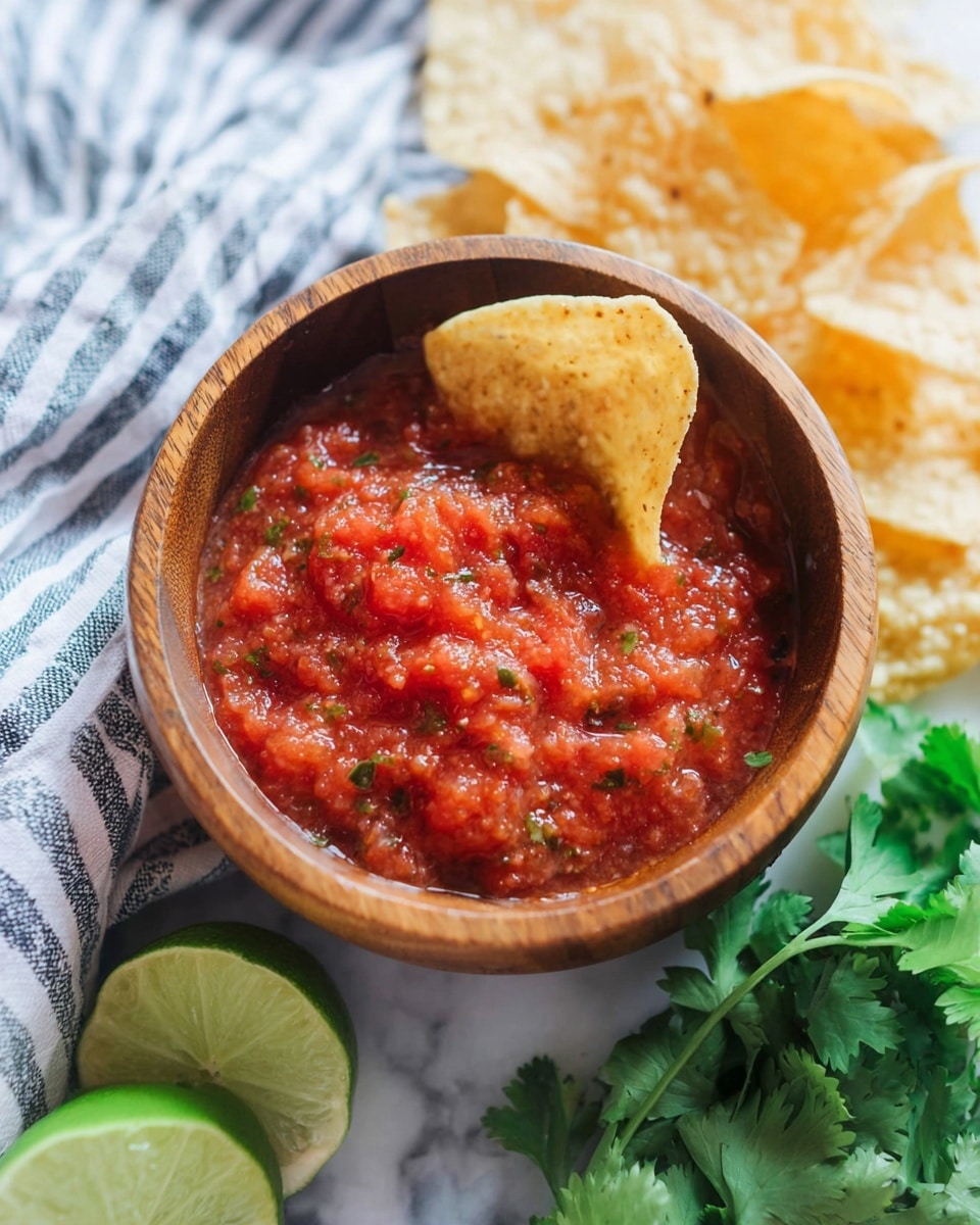 A small wooden bowl filled with chunky red salsa, showing bits of herbs mixed throughout, is placed on a white marbled surface. Around the bowl, there are several pale yellow tortilla chips, one of which is stuck into the salsa. To the right side, fresh green cilantro leaves add a splash of color, and in the bottom left corner, two lime wedges are visible. A striped cloth partially covers the surface under the bowl, giving a casual and fresh look. photo taken with an iphone --ar 4:5 --v 7