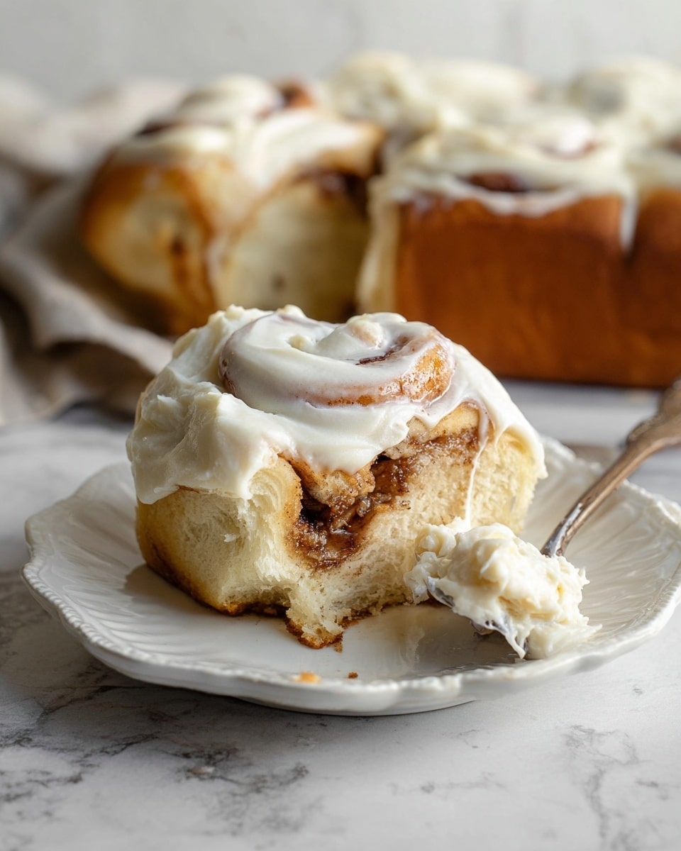 A single cinnamon roll sits on a white plate with scalloped edges, showing soft, light golden-brown dough swirled with a rich, dark cinnamon filling. The roll is topped with a thick layer of creamy white frosting that spreads over the sides, and a spoonful of the same frosting rests next to the roll on the plate. In the background, a loaf of more cinnamon rolls with the same frosting is slightly out of focus, sitting on a white marbled surface. Photo taken with an iphone --ar 4:5 --v 7