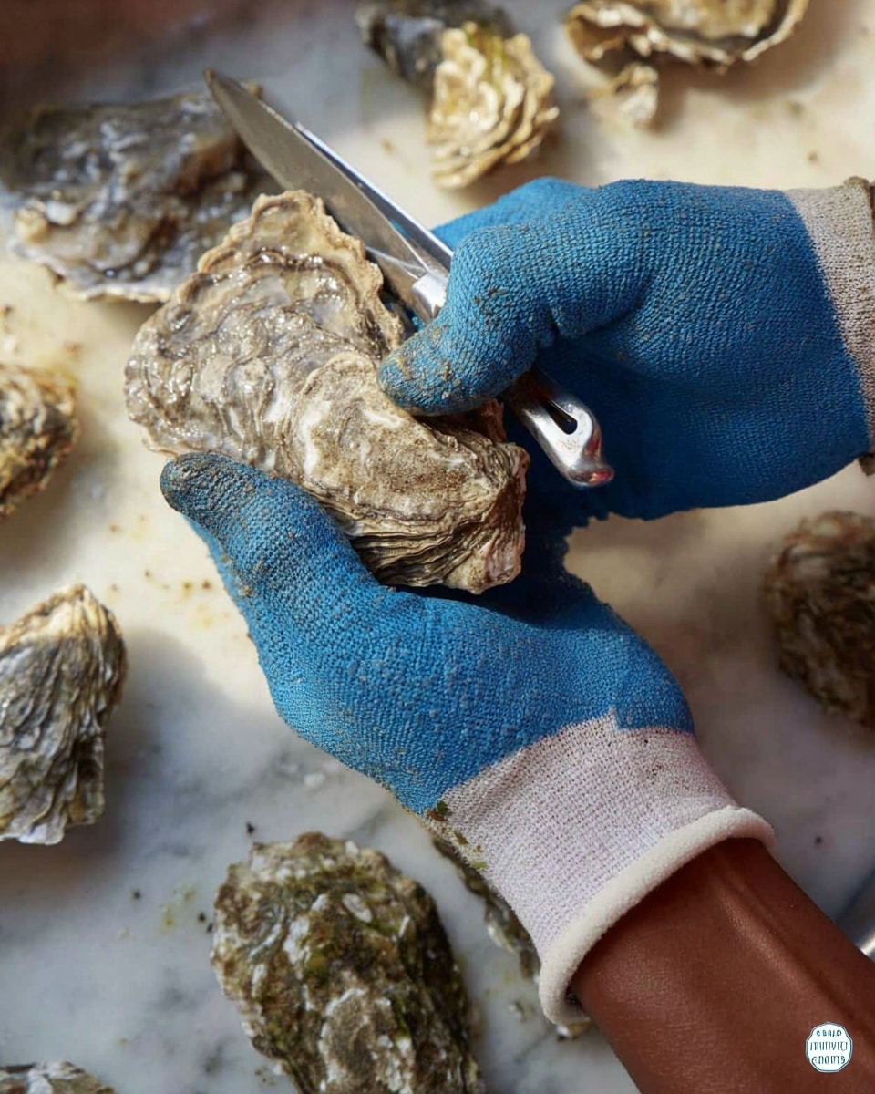 The image shows a close-up of a pair of hands shucking an oyster. One hand is wearing a blue glove with a white and slightly dirty sleeve, firmly holding a rough, grayish-white oyster shell with textured ridges and spots. The other woman's hand holds a shiny, clear oyster knife, positioned at the hinge of the oyster shell, ready to pry it open. Around the oyster, more similar oyster shells are scattered on a white marbled surface, adding a natural and slightly messy look to the scene. The lighting highlights the rough textures of the shells and the glove's material photo taken with an iphone --ar 4:5 --v 7