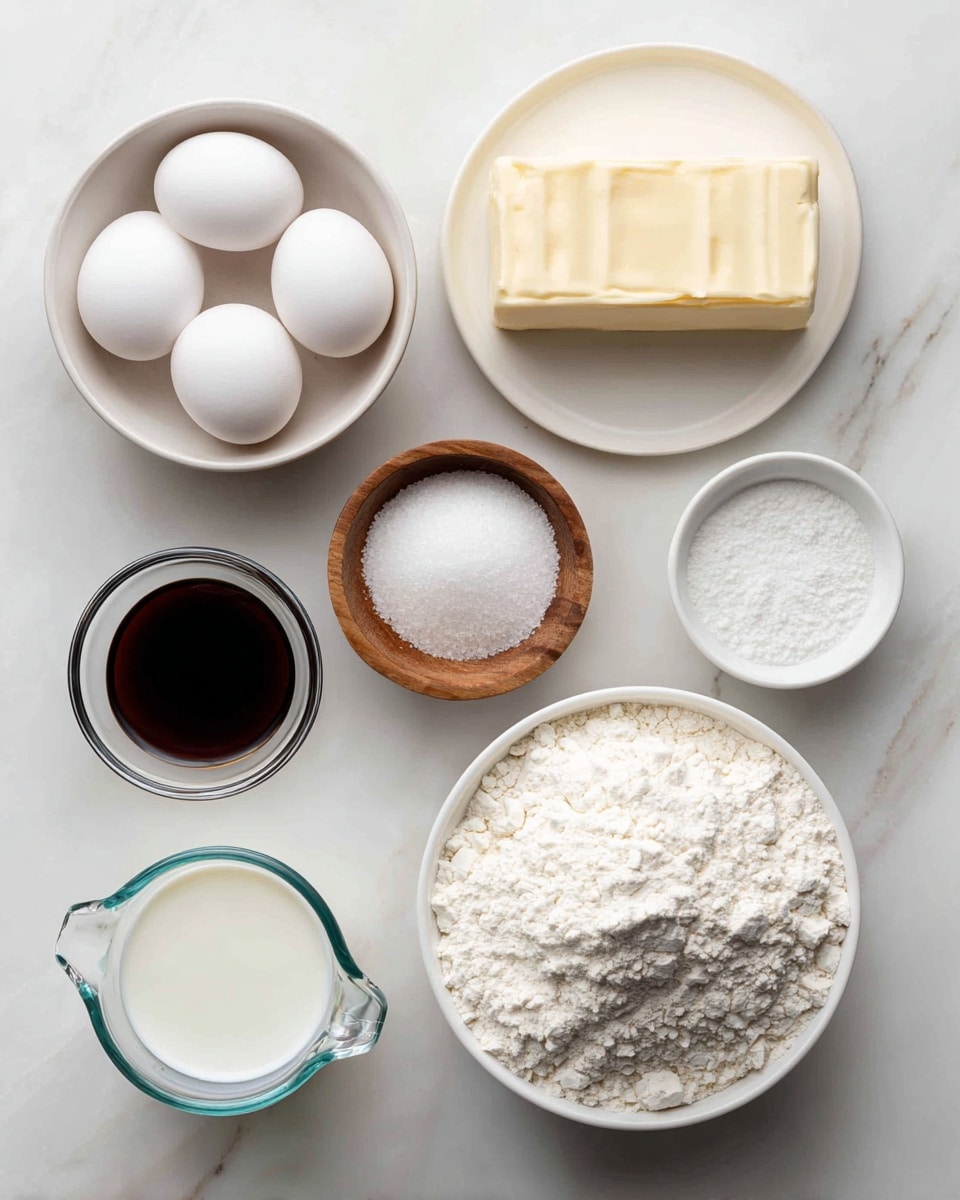 The image shows baking ingredients arranged neatly on a white marbled surface. At the top left, two white eggs sit in a white bowl with a smooth texture. Nearby, a small block of butter rests directly on the surface, its pale yellow color visible. To the right of the eggs, a small white bowl holds white granulated sugar, while below it, a small rounded wooden bowl contains a pinch of salt, its fine white grains catching the light. A small white bowl filled with dark brown vanilla extract is located near the bottom left. At the bottom, two clear glass measuring cups sit side by side, one filled with white milk and the other with clear water. On the right side of the image, a larger white bowl is filled with soft white flour, its fine texture slightly clumped in places. Each ingredient is labeled with bold black text on a white background, clearly identifying them. Photo taken with an iphone --ar 4:5 --v 7