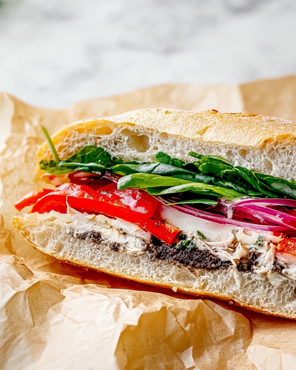 The image shows two sandwich halves placed side by side on a wooden platter. Each sandwich has three main layers inside a soft white bread roll: the bottom layer is a dark purple spread with a smooth texture, the middle layer includes white shredded pieces that look soft and tender, and the top layer is fresh green leafy vegetables with thin slices of pale cucumber and a few small pieces of red onion. The sandwiches are set on a white marbled surface with a jar of purple spread and a green bottle in the background. The light is bright, emphasizing the fresh and clean colors of the ingredients. Photo taken with an iphone --ar 4:5 --v 7