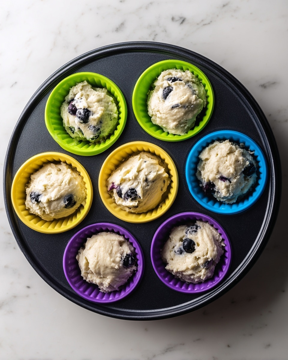 Six scoops of light cream-colored batter with dark blue blueberries mixed inside are placed in colorful silicone baking cups arranged in a black round pan. There are two bright green cups at the top, two yellow cups on the left and center, one blue cup on the right, and one purple cup at the bottom. The texture of the batter looks soft and slightly rough. The pan is sitting on a white marbled surface. photo taken with an iphone --ar 4:5 --v 7